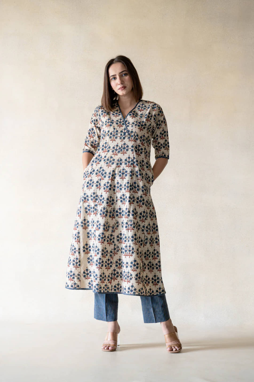 Shivaradhya designers Cotton Printed Kurti With Pants Women's Stitched Salwar Suit - Beige ( Pack of 1 )