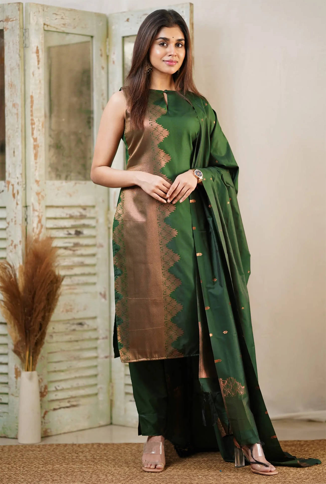     			Trijal Fab Banarasi Embellished Kurti With Pants Women's Stitched Salwar Suit - Green ( Pack of 1 )