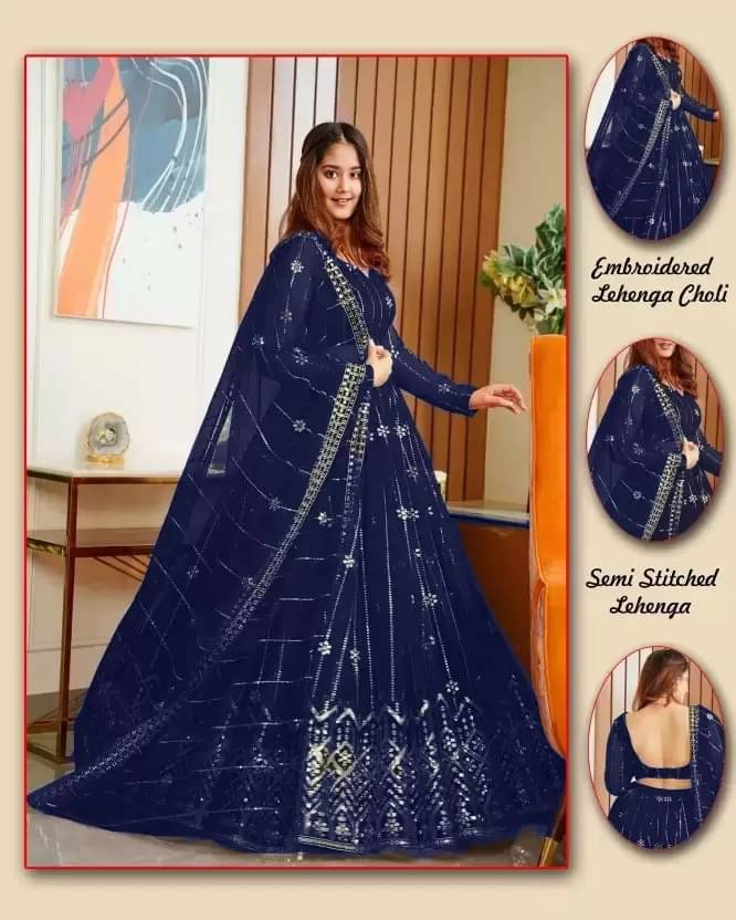     			Vushia Net Lehenga Choli Set For Girls ( Pack of 1 , Navy )
