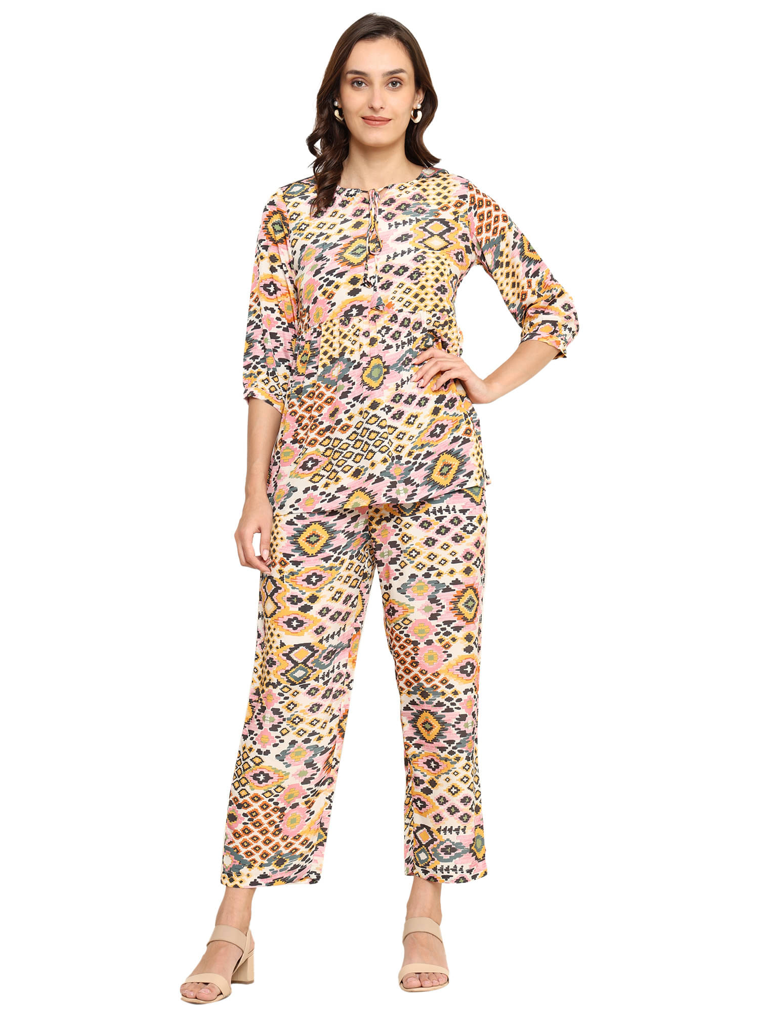     			Yash Gallery Women Printed Top With Trousers Co-Ord Set ( Multicolor )