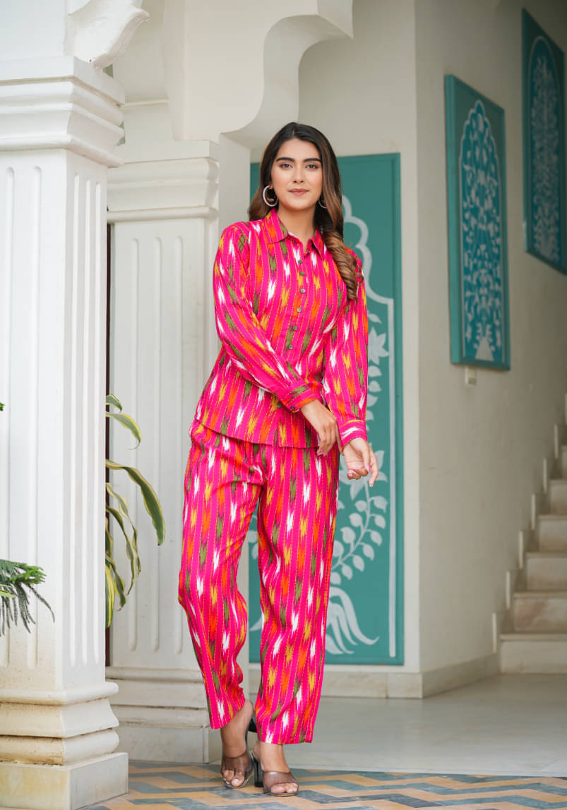 Yash Gallery Women Printed Shirt With Trousers Co-Ord Set ( Pink ) Yash Gallery Women Printed Shirt With Trousers Co-Ord Set ( Pink )