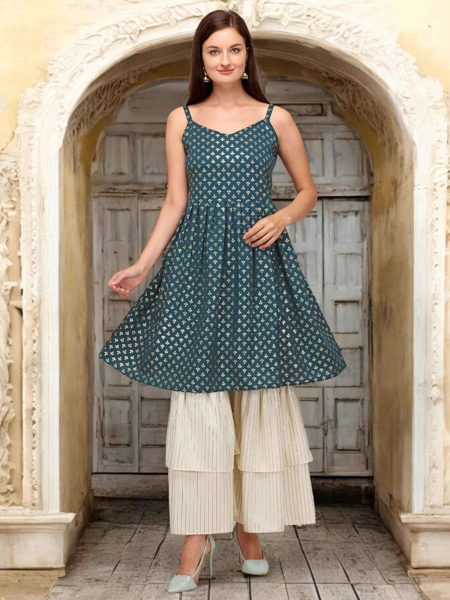     			gufrina Rayon Printed Kurti With Sharara And Gharara Women's Stitched Salwar Suit - Teal ( Pack of 1 )