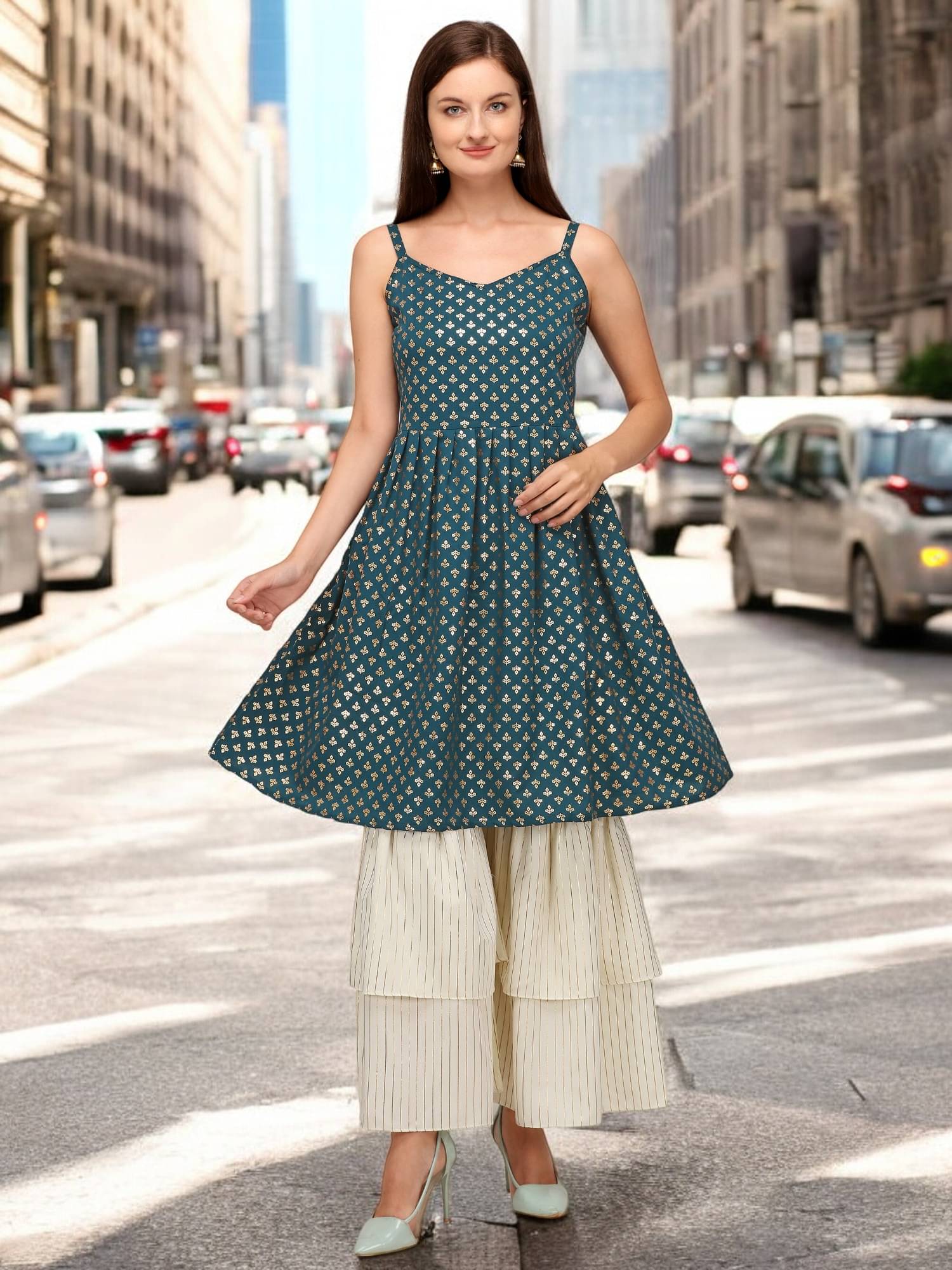     			gufrina Rayon Printed Kurti With Sharara And Gharara Women's Stitched Salwar Suit - Teal ( Pack of 1 )