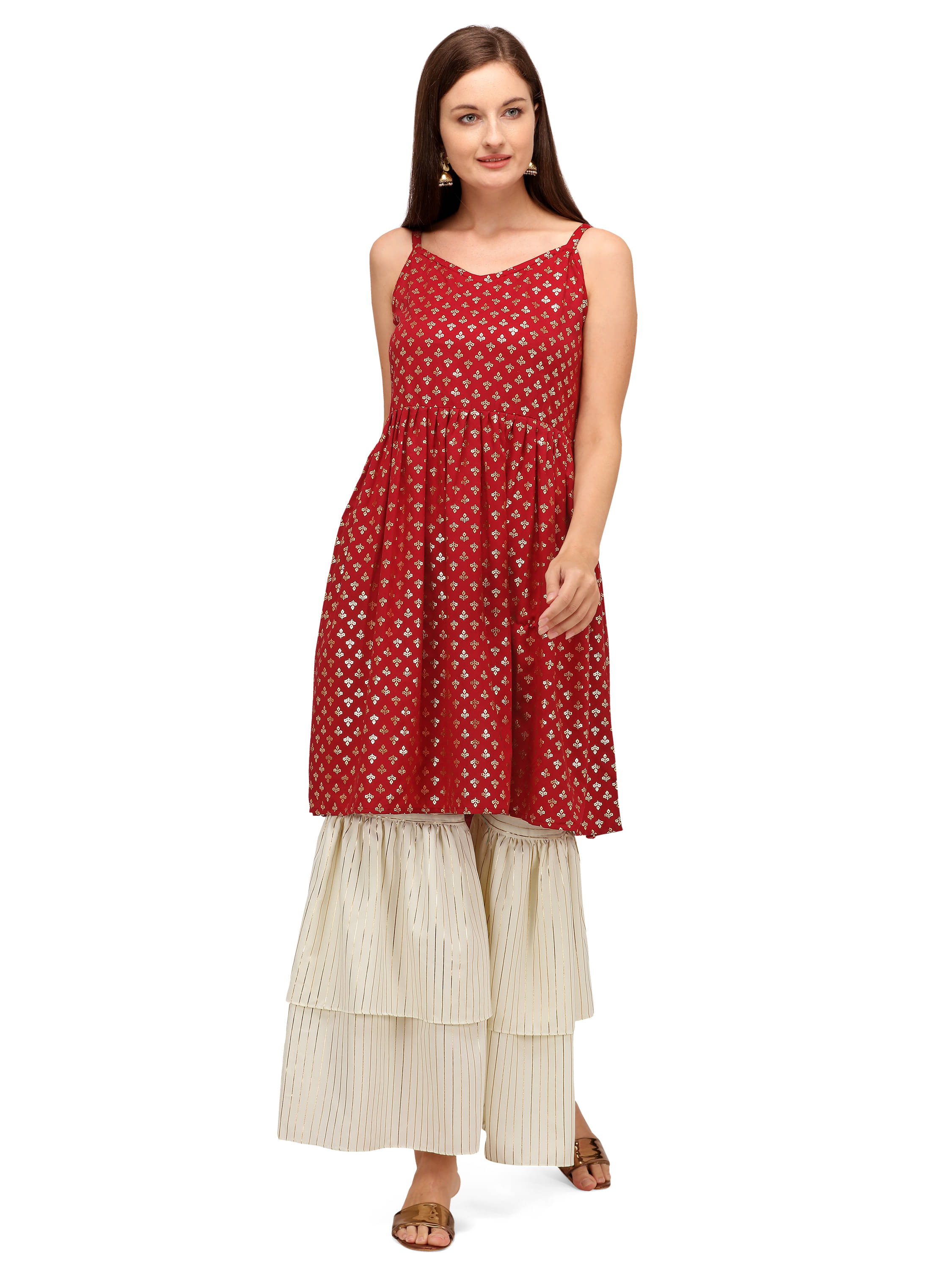 gufrina Rayon Printed Kurti With Sharara And Gharara Women's Stitched Salwar Suit - Red ( Pack of 1 ) gufrina Rayon Printed Kurti With Sharara And Gharara Women's Stitched Salwar Suit - Red ( Pack of 1 )
