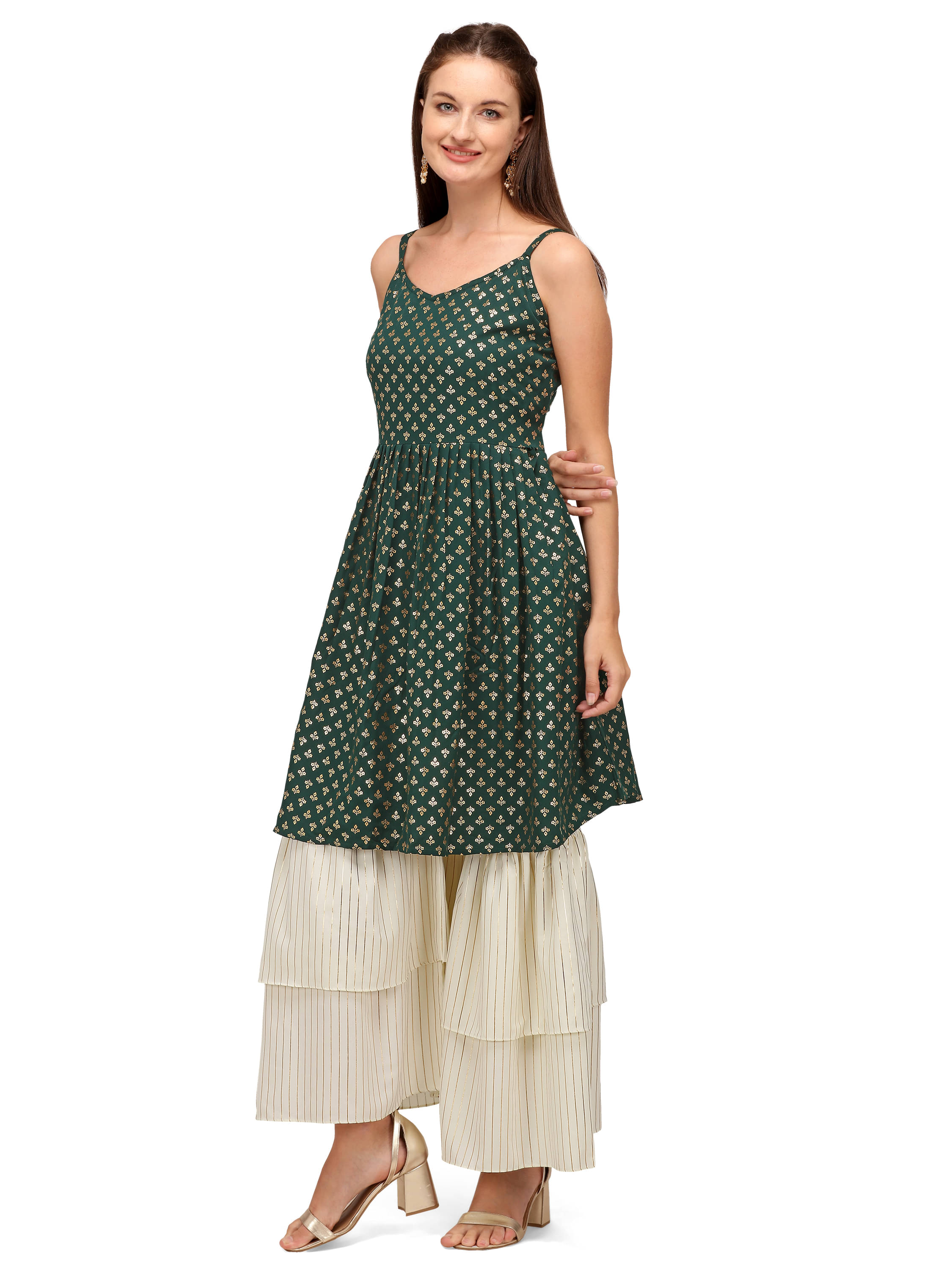     			gufrina Rayon Printed Kurti With Sharara And Gharara Women's Stitched Salwar Suit - Green ( Pack of 1 )