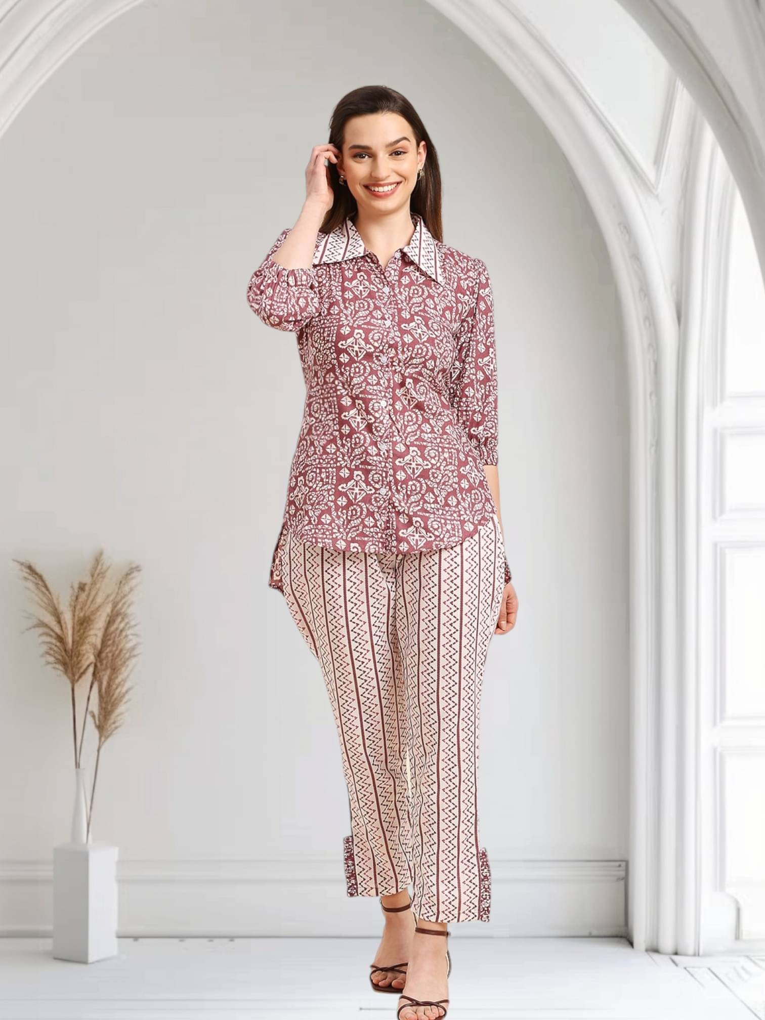     			gufrina Women Printed Shirt With Trousers Co-Ord Set ( Wine )