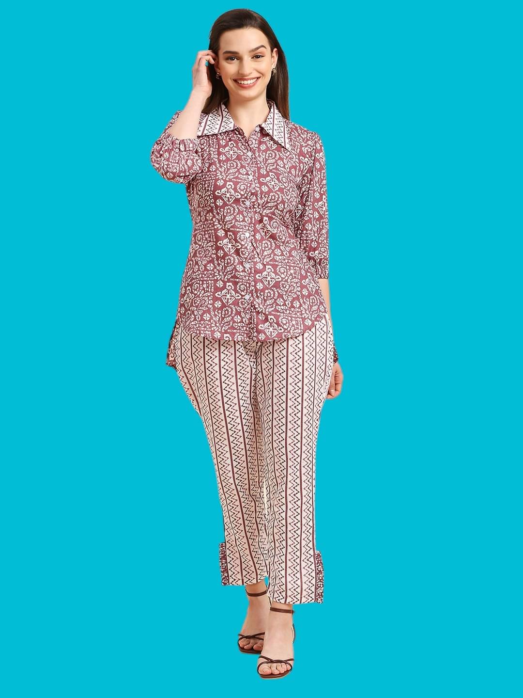     			gufrina Women Printed Shirt With Trousers Co-Ord Set ( Wine )
