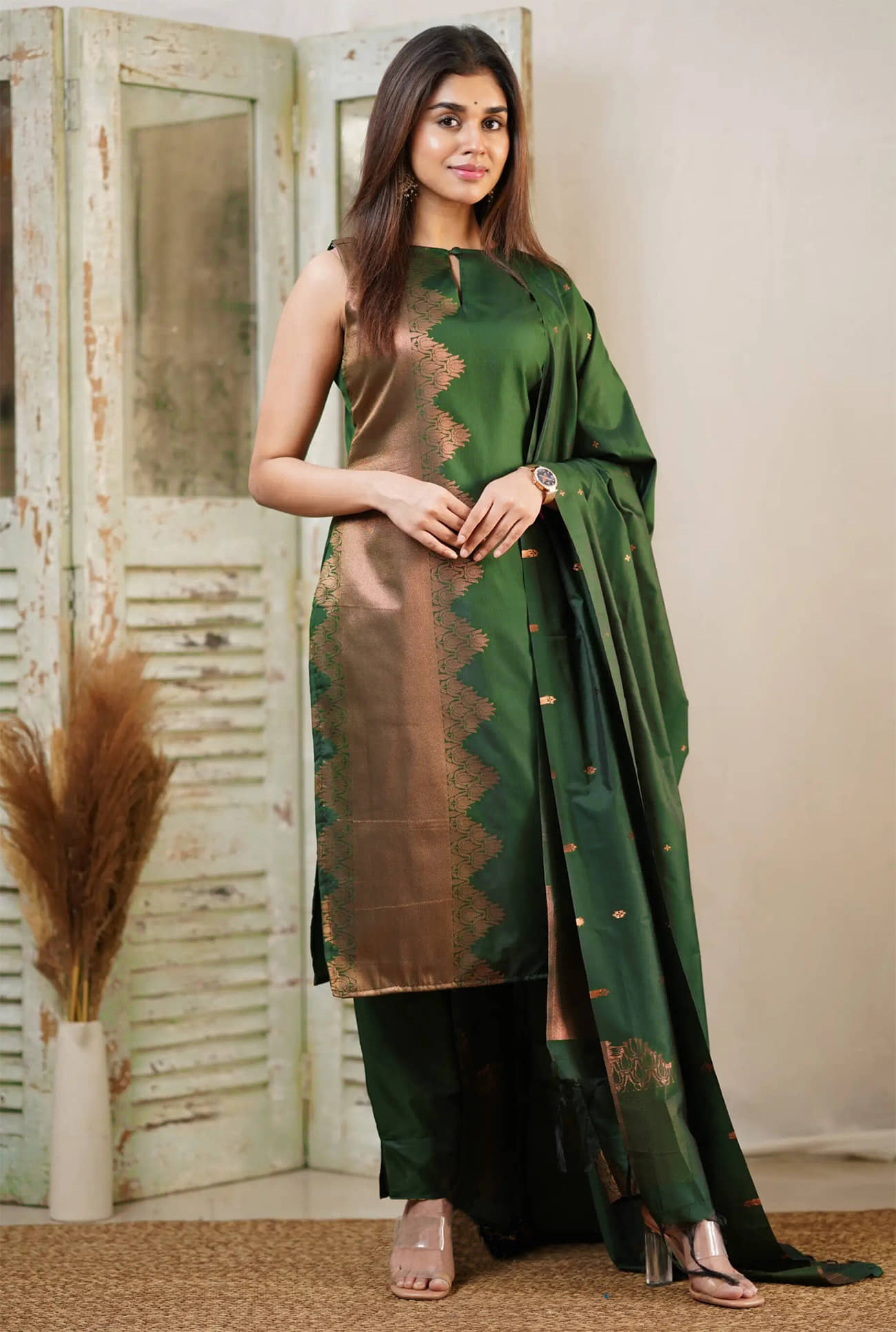 kedar fab Banarasi Embellished Kurti With Pants Women's Stitched Salwar Suit - Green ( Pack of 1 )