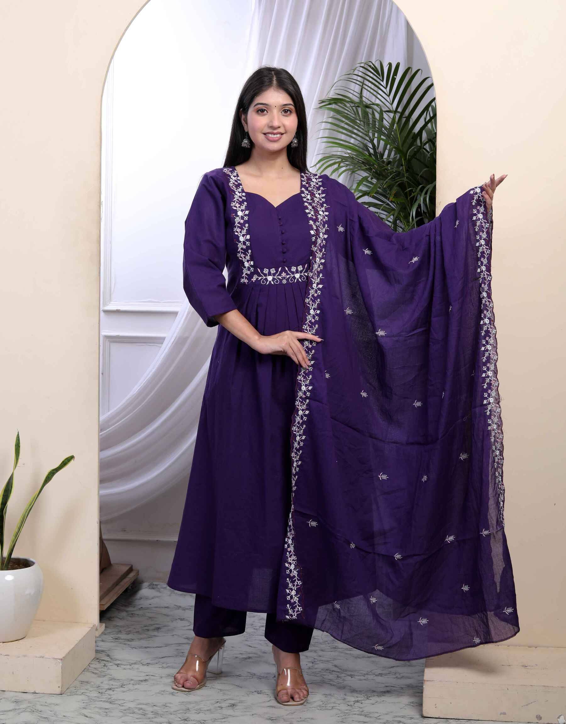     			miravan Cotton Embroidered Kurti With Palazzo Women's Stitched Salwar Suit - Purple ( Pack of 1 )