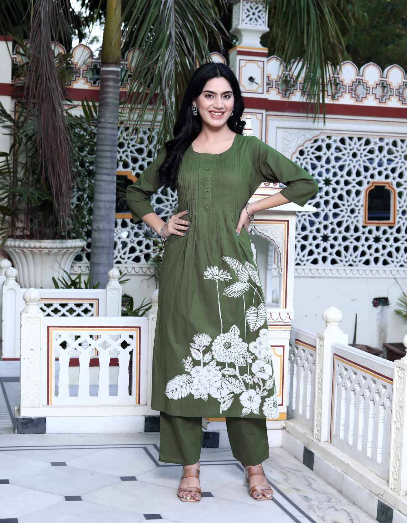     			miravan Cotton Printed Kurti With Palazzo Women's Stitched Salwar Suit - Green ( Pack of 1 )