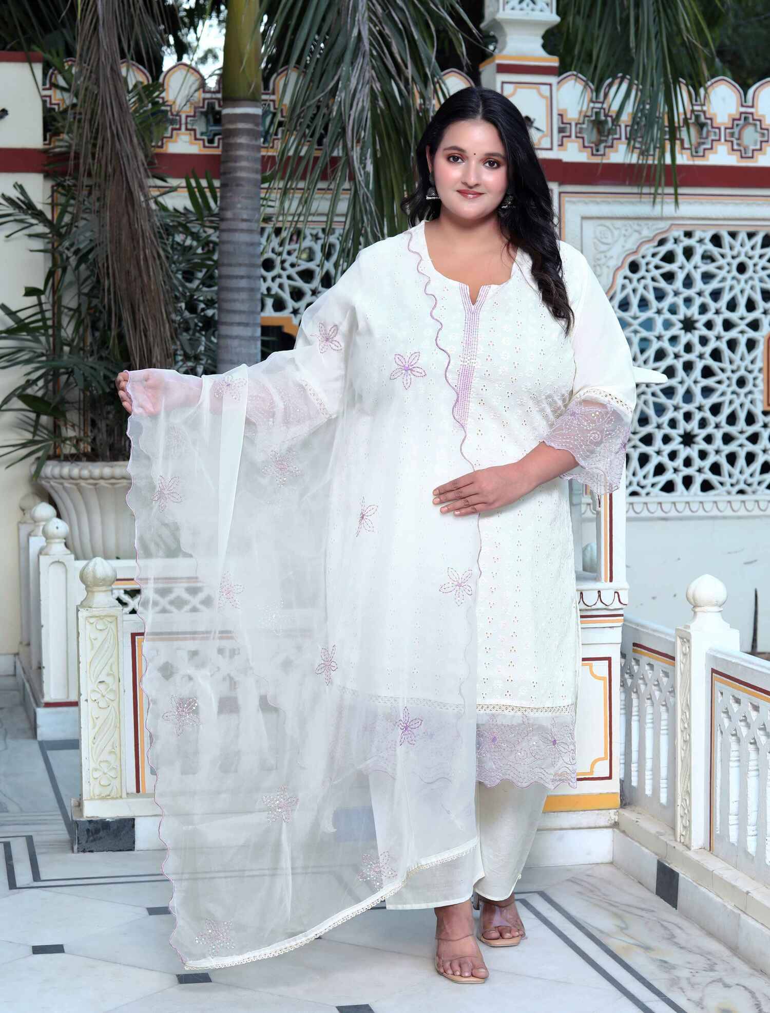     			miravan Organza Embroidered Kurti With Palazzo Women's Stitched Salwar Suit - White ( Pack of 1 )