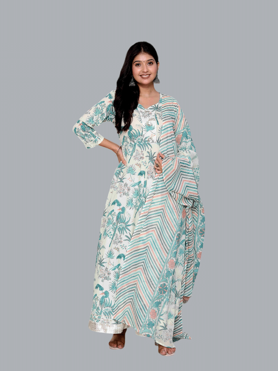 miravan Pack of 1 Cotton Printed Anarkali Women's Kurti - ( Light Green ) miravan Pack of 1 Cotton Printed Anarkali Women's Kurti - ( Light Green )