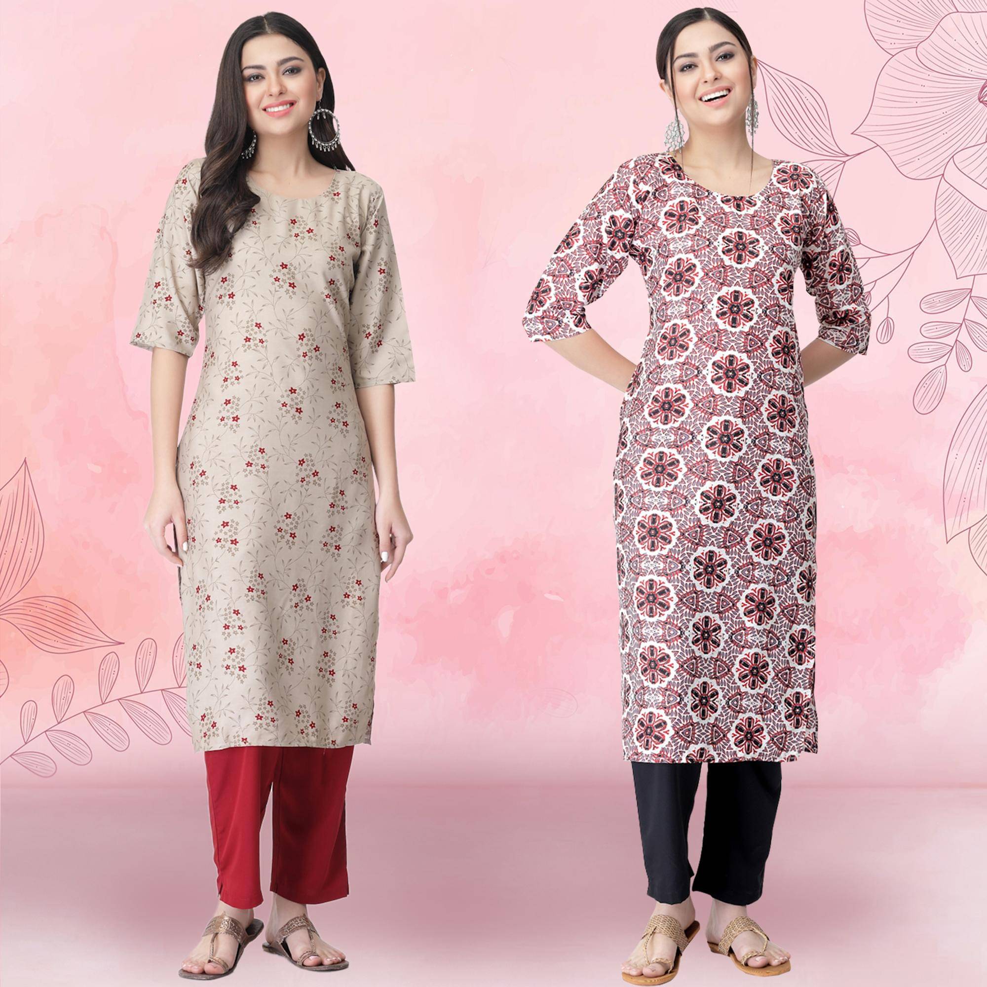     			Ethnicbasket Crepe Printed Kurti With Pants Women's Stitched Salwar Suit - Pink ( Pack of 2 )