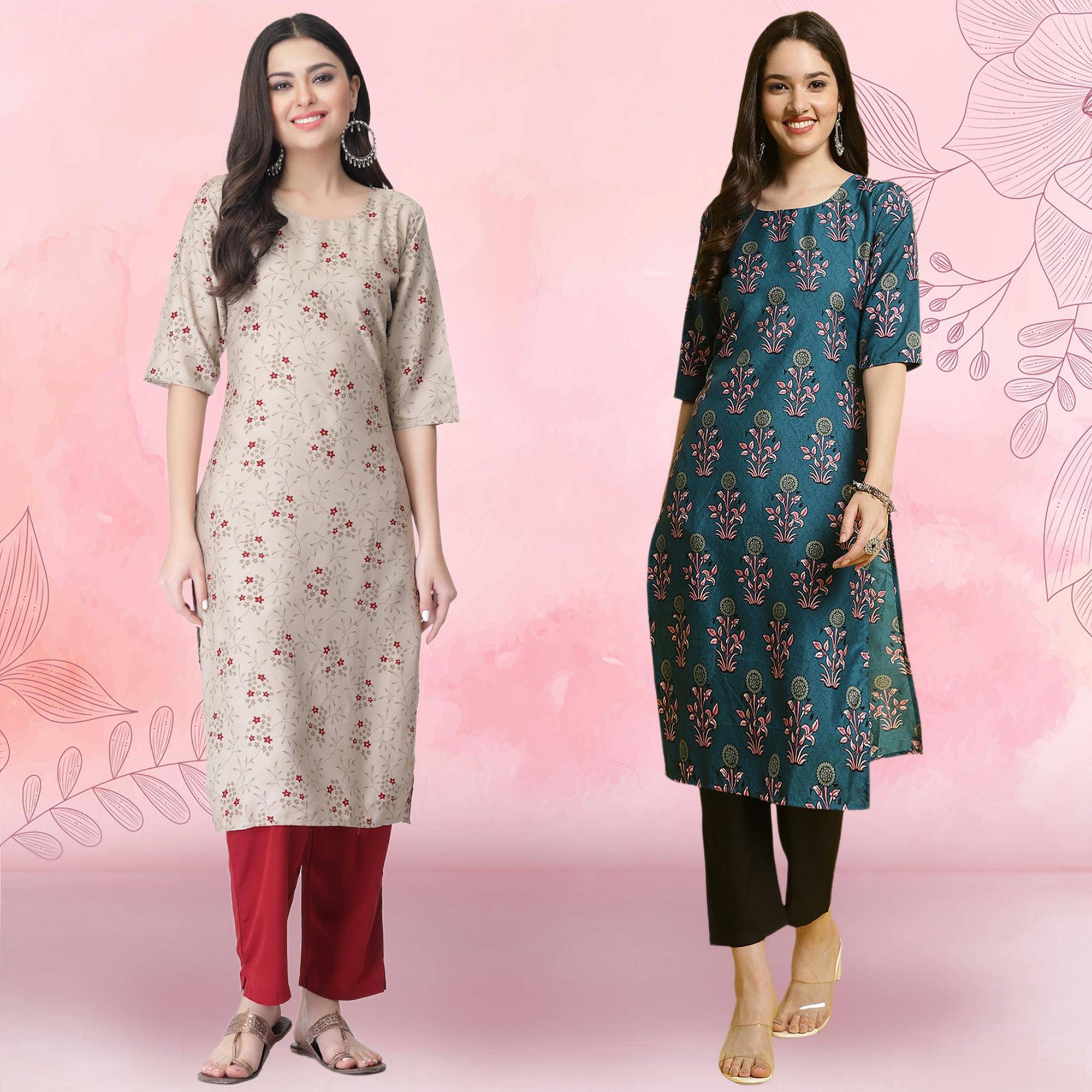     			Ethnicbasket Crepe Printed Kurti With Pants Women's Stitched Salwar Suit - Teal ( Pack of 2 )