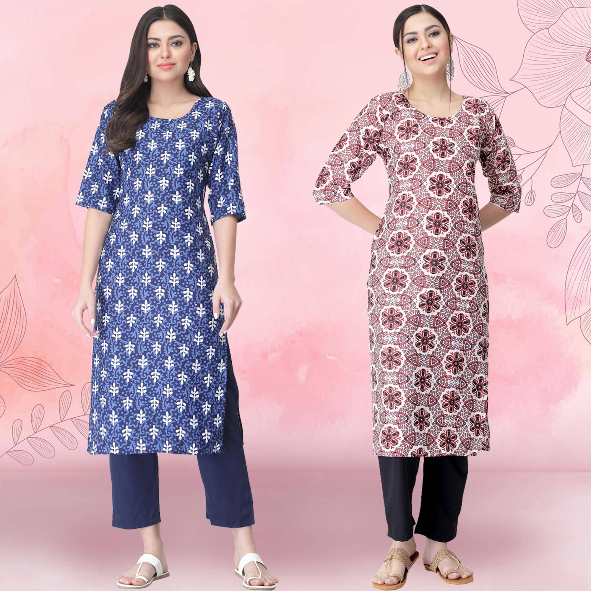     			Ethnicbasket Crepe Printed Kurti With Pants Women's Stitched Salwar Suit - Pink ( Pack of 2 )