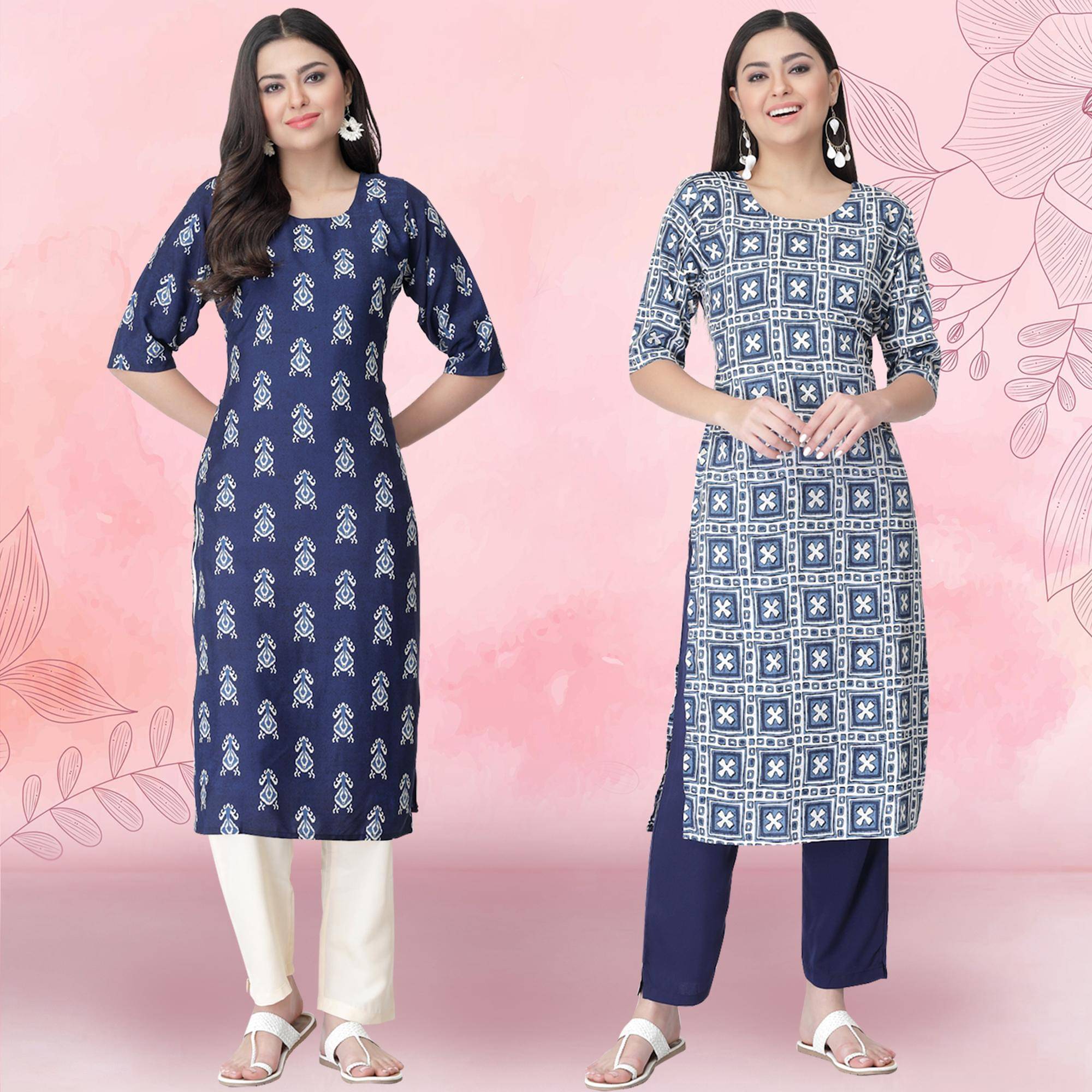     			Ethnicbasket Crepe Printed Kurti With Pants Women's Stitched Salwar Suit - Navy Blue ( Pack of 2 )