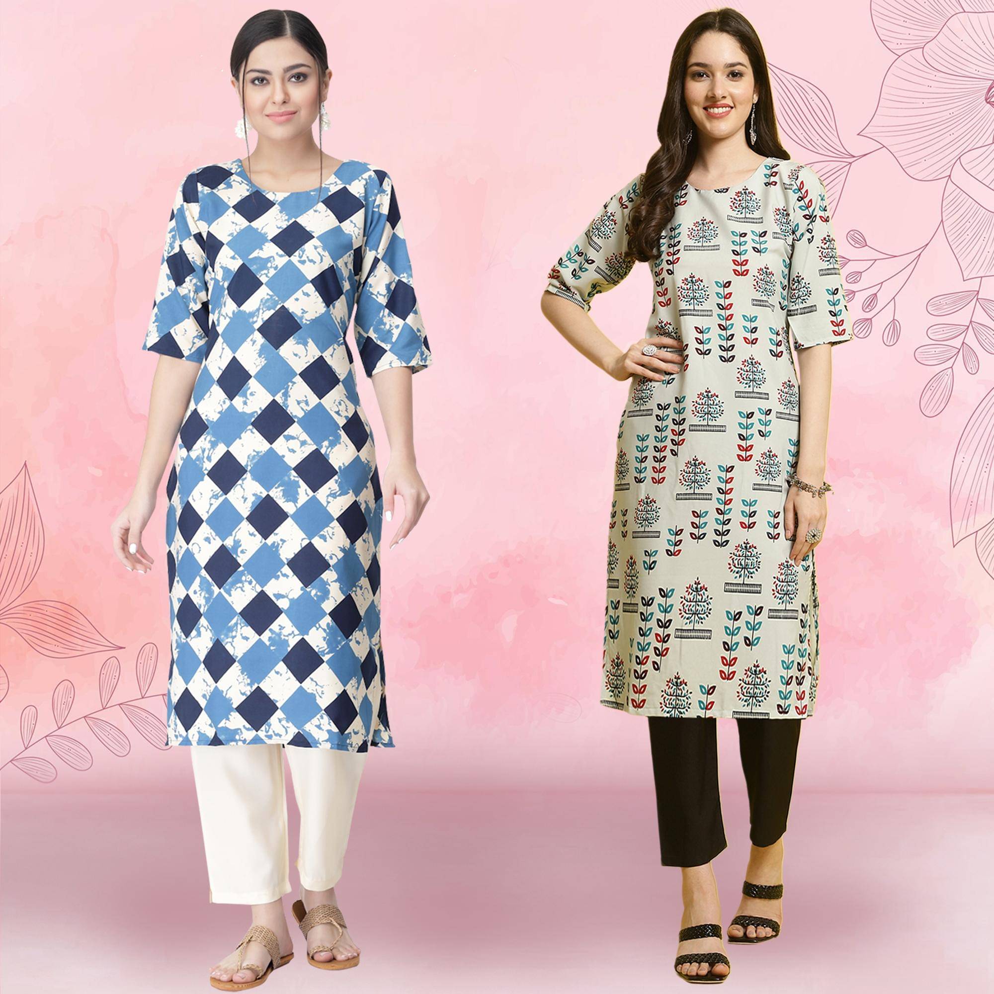 Ethnicbasket Crepe Printed Kurti With Pants Women's Stitched Salwar Suit - Grey ( Pack of 2 )     			Ethnicbasket Crepe Printed Kurti With Pants Women's Stitched Salwar Suit - Grey ( Pack of 2 )