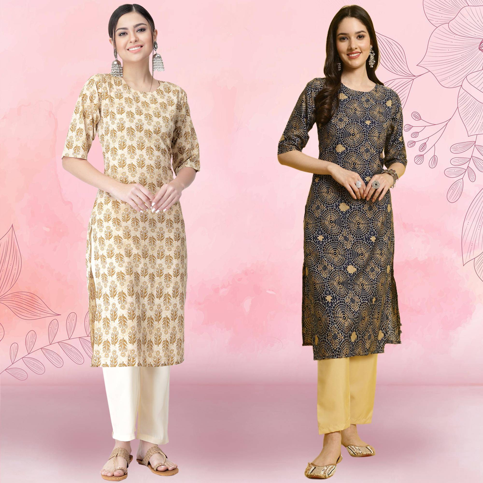     			Ethnicbasket Crepe Printed Kurti With Pants Women's Stitched Salwar Suit - Blue ( Pack of 2 )