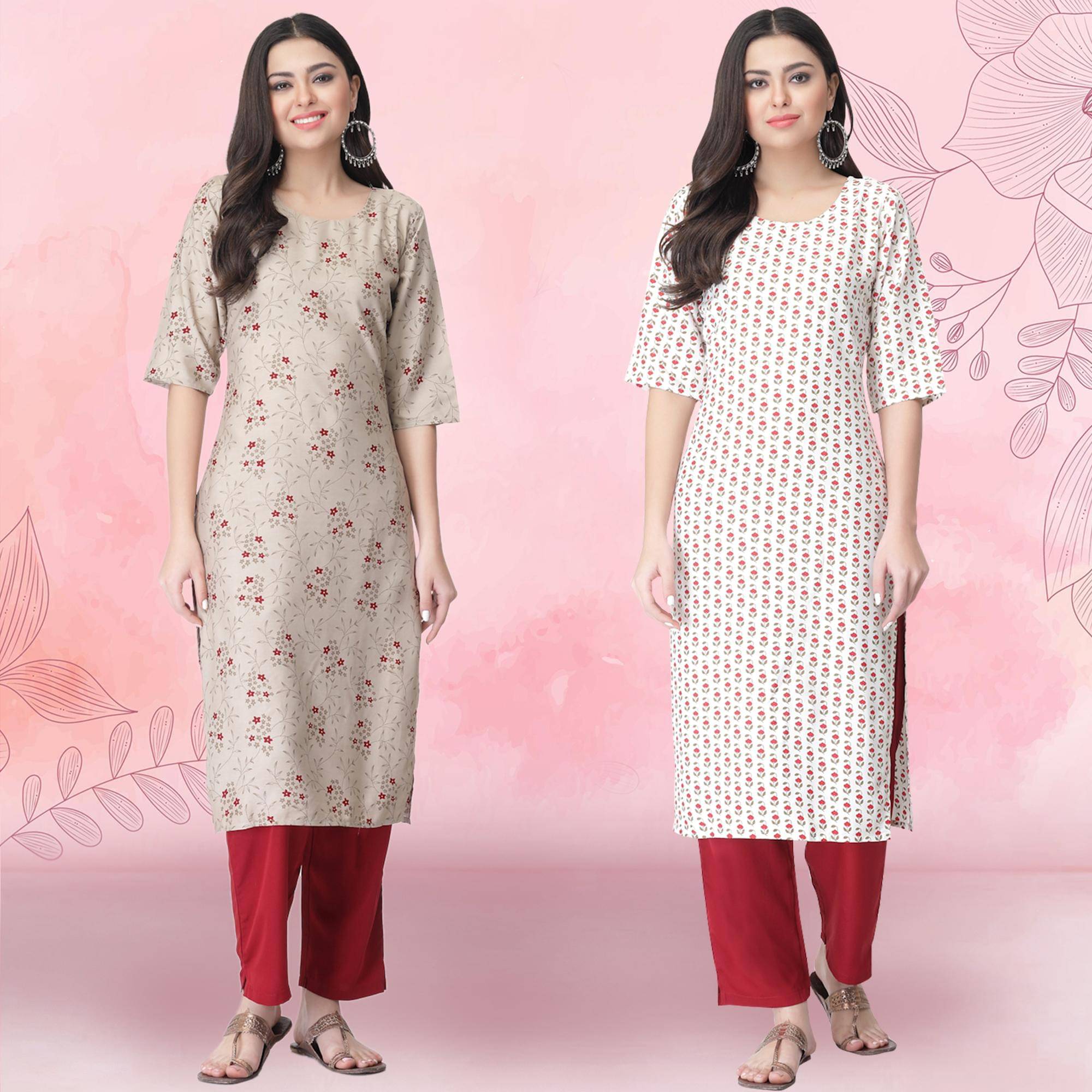     			Ethnicbasket Crepe Printed Kurti With Pants Women's Stitched Salwar Suit - Off White ( Pack of 2 )