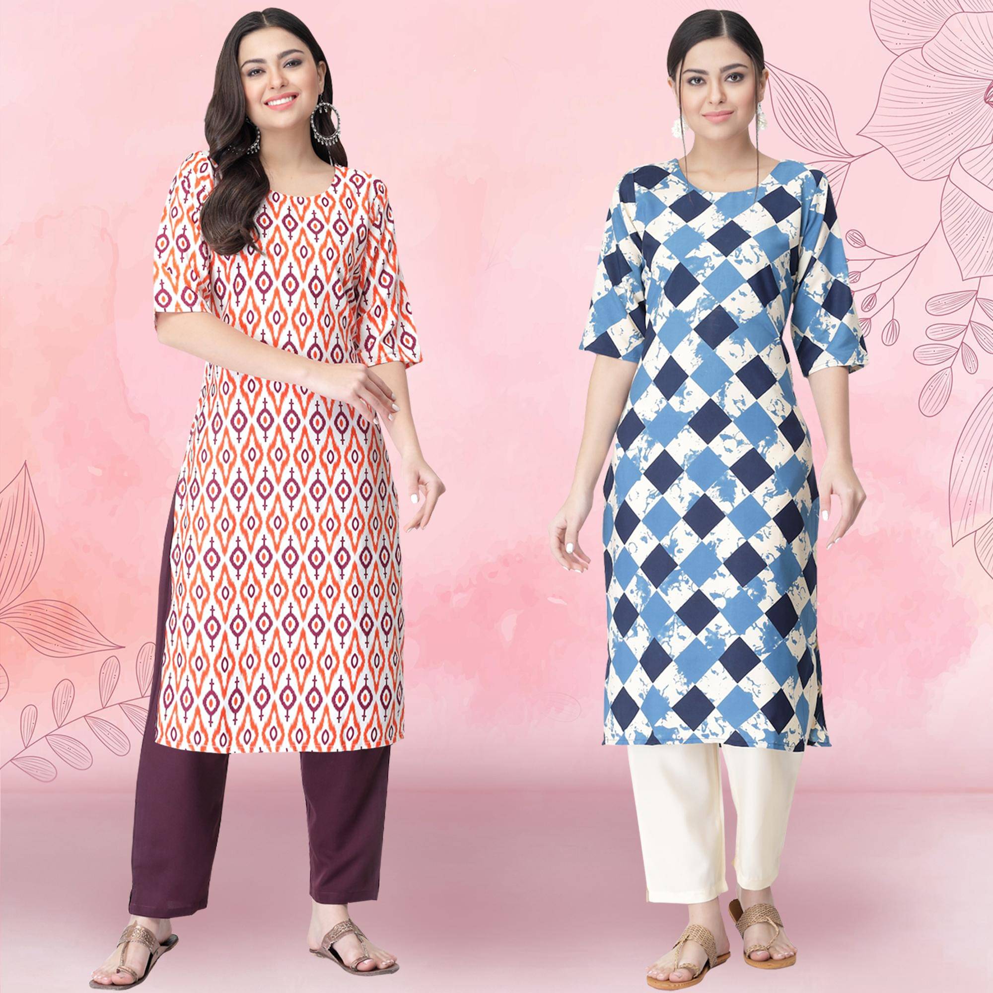     			Ethnicbasket Crepe Printed Kurti With Pants Women's Stitched Salwar Suit - Multicoloured ( Pack of 2 )