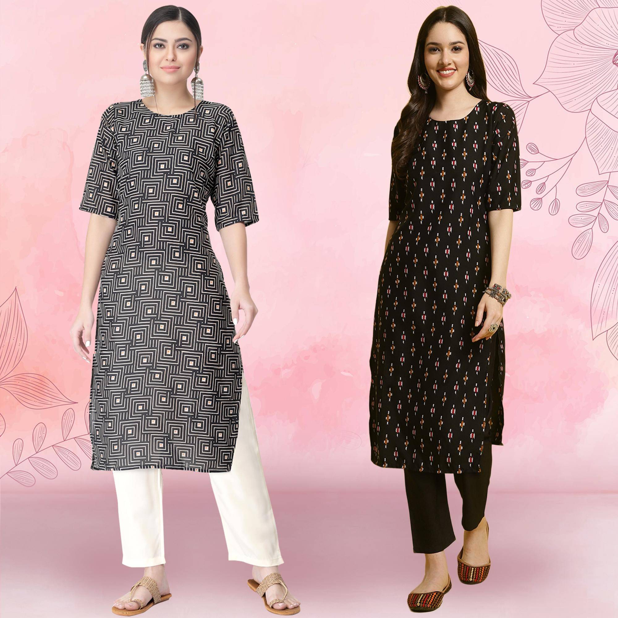     			Ethnicbasket Crepe Printed Kurti With Pants Women's Stitched Salwar Suit - Black ( Pack of 2 )