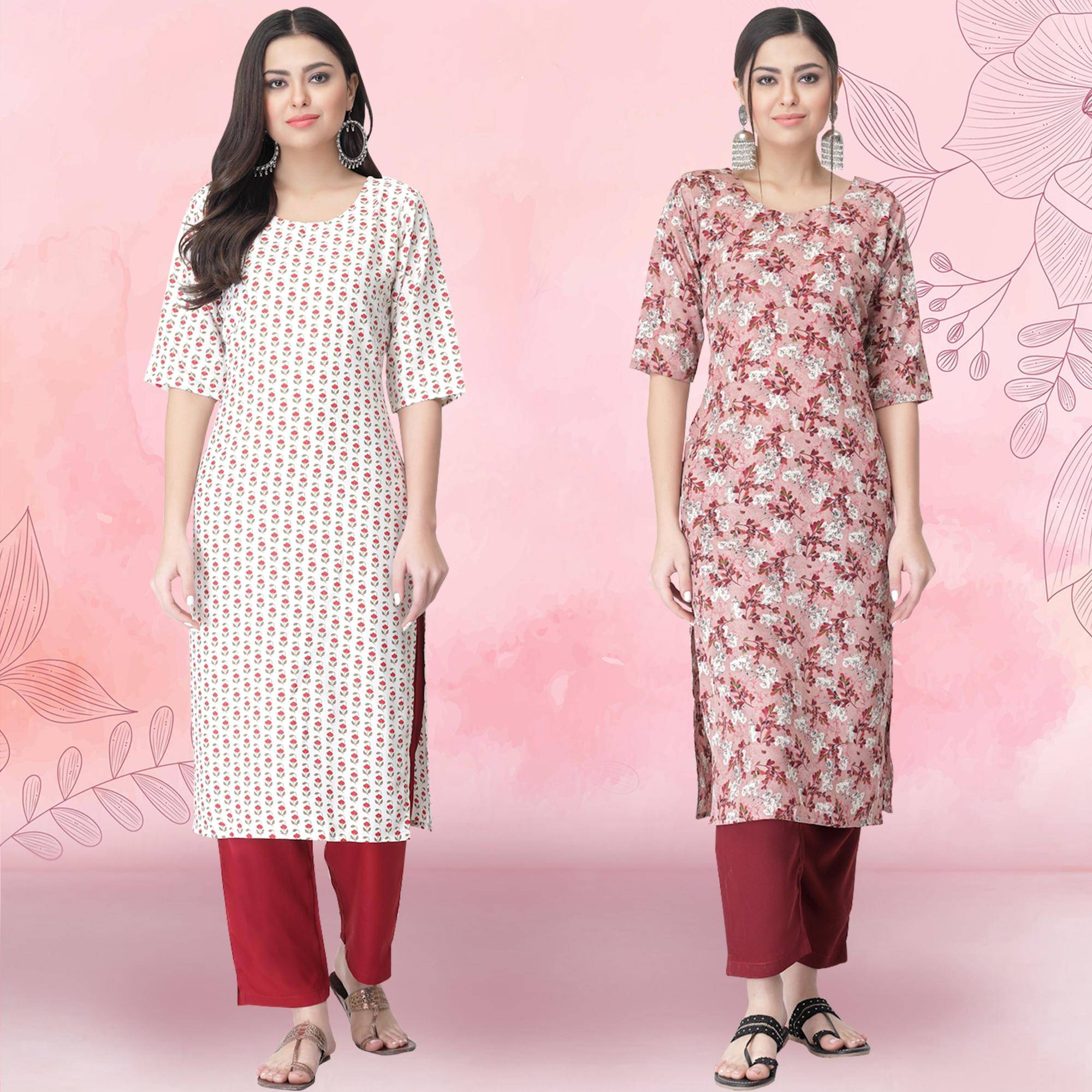 Ethnicbasket Crepe Printed Kurti With Pants Women's Stitched Salwar Suit - Peach ( Pack of 2 )     			Ethnicbasket Crepe Printed Kurti With Pants Women's Stitched Salwar Suit - Peach ( Pack of 2 )