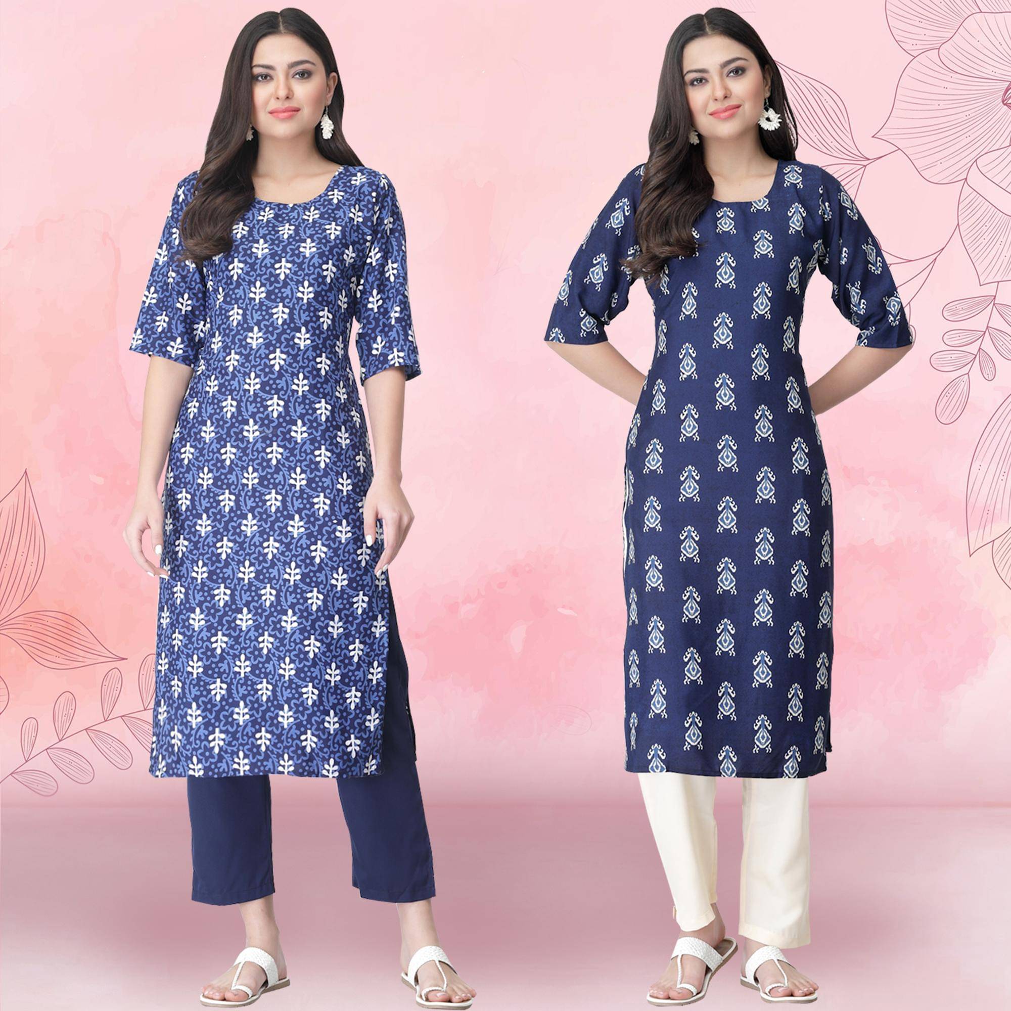 Ethnicbasket Crepe Printed Kurti With Pants Women's Stitched Salwar Suit - Navy ( Pack of 2 )     			Ethnicbasket Crepe Printed Kurti With Pants Women's Stitched Salwar Suit - Navy ( Pack of 2 )