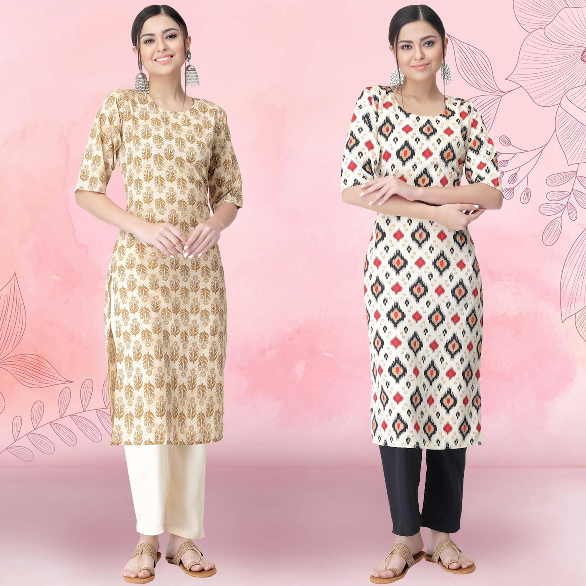     			Ethnicbasket Crepe Printed Kurti With Pants Women's Stitched Salwar Suit - White ( Pack of 2 )
