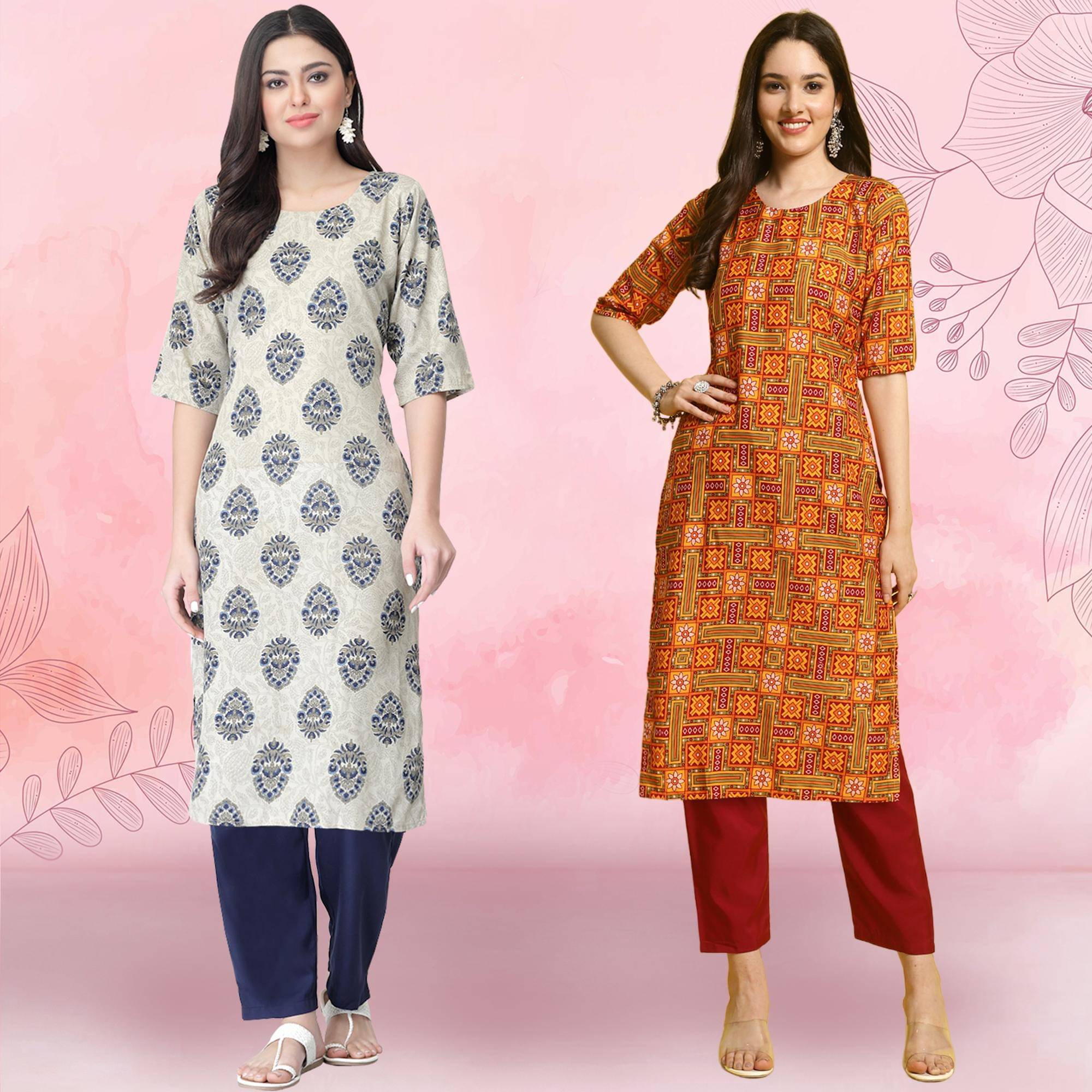 Ethnicbasket Crepe Printed Kurti With Pants Women's Stitched Salwar Suit - Multicolor ( Pack of 2 )     			Ethnicbasket Crepe Printed Kurti With Pants Women's Stitched Salwar Suit - Multicolor ( Pack of 2 )