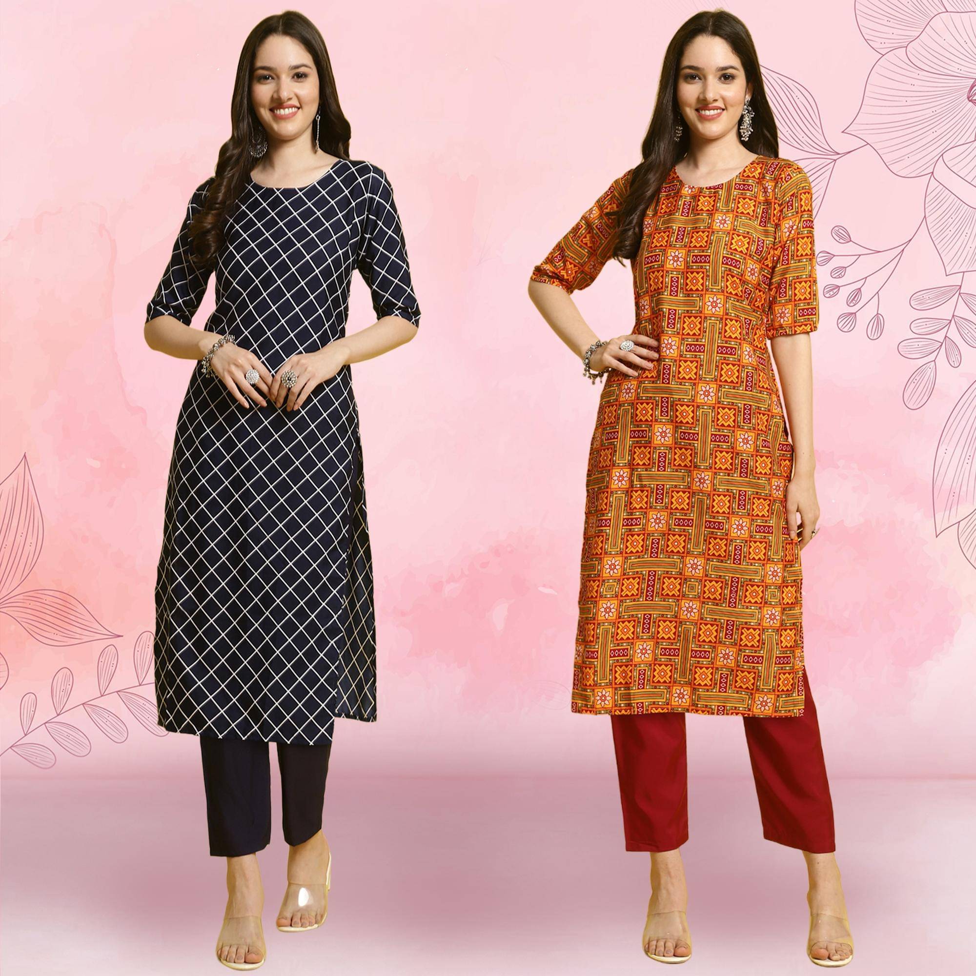     			Ethnicbasket Pack of 2 Crepe Printed Straight Women's Kurti - ( Multicolor3 )