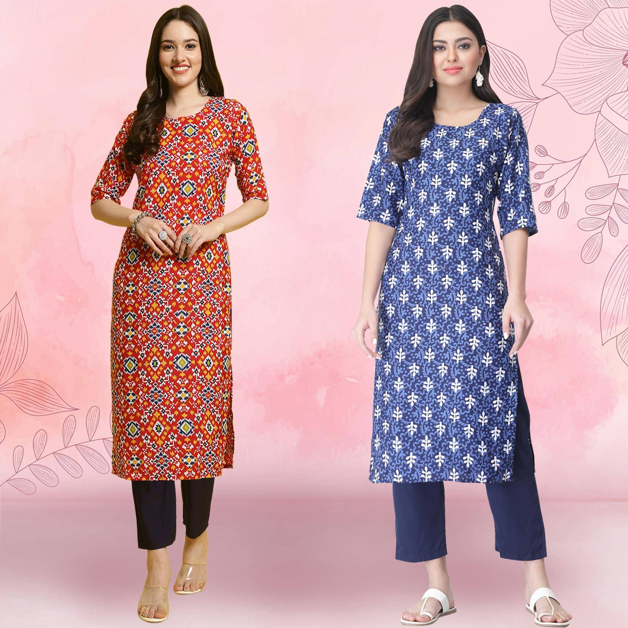 Ethnicbasket Pack of 2 Crepe Printed Straight Women's Kurti - ( Multicolor1 )     			Ethnicbasket Pack of 2 Crepe Printed Straight Women's Kurti - ( Multicolor1 )