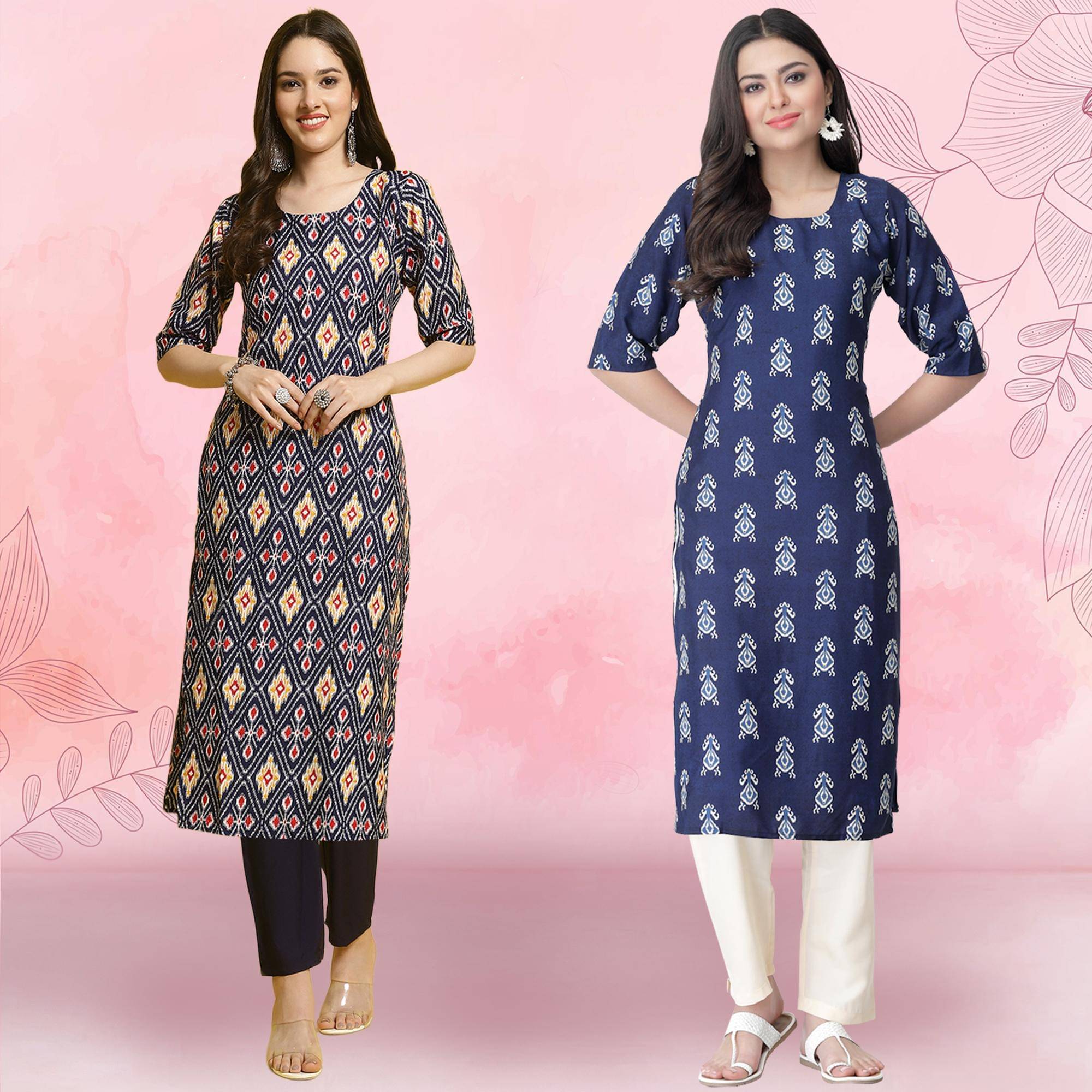 Ethnicbasket Pack of 2 Crepe Printed Straight Women's Kurti - ( Multicolor2 ) Ethnicbasket Pack of 2 Crepe Printed Straight Women's Kurti - ( Multicolor2 )