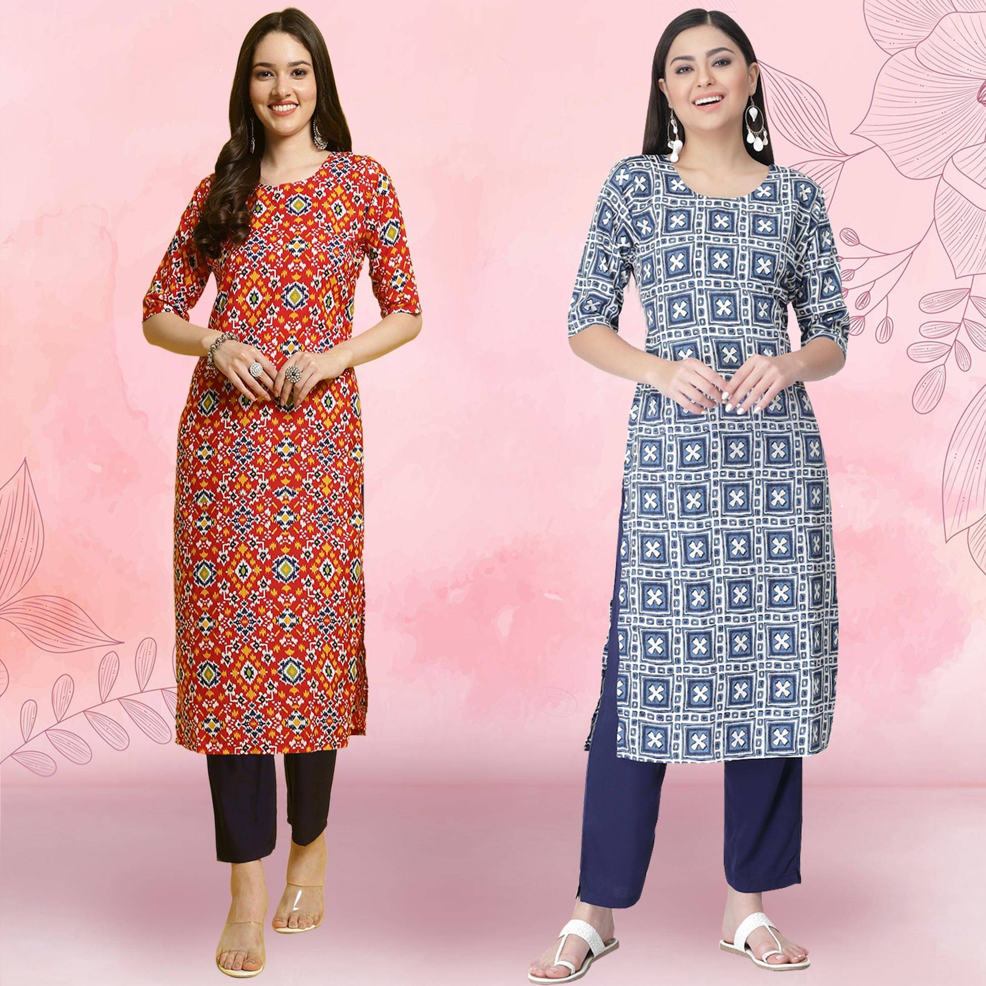 1 Stop Fashion Pack of 2 Crepe Printed Straight Women's Kurti - ( Multicolor1 ) 1 Stop Fashion Pack of 2 Crepe Printed Straight Women's Kurti - ( Multicolor1 )