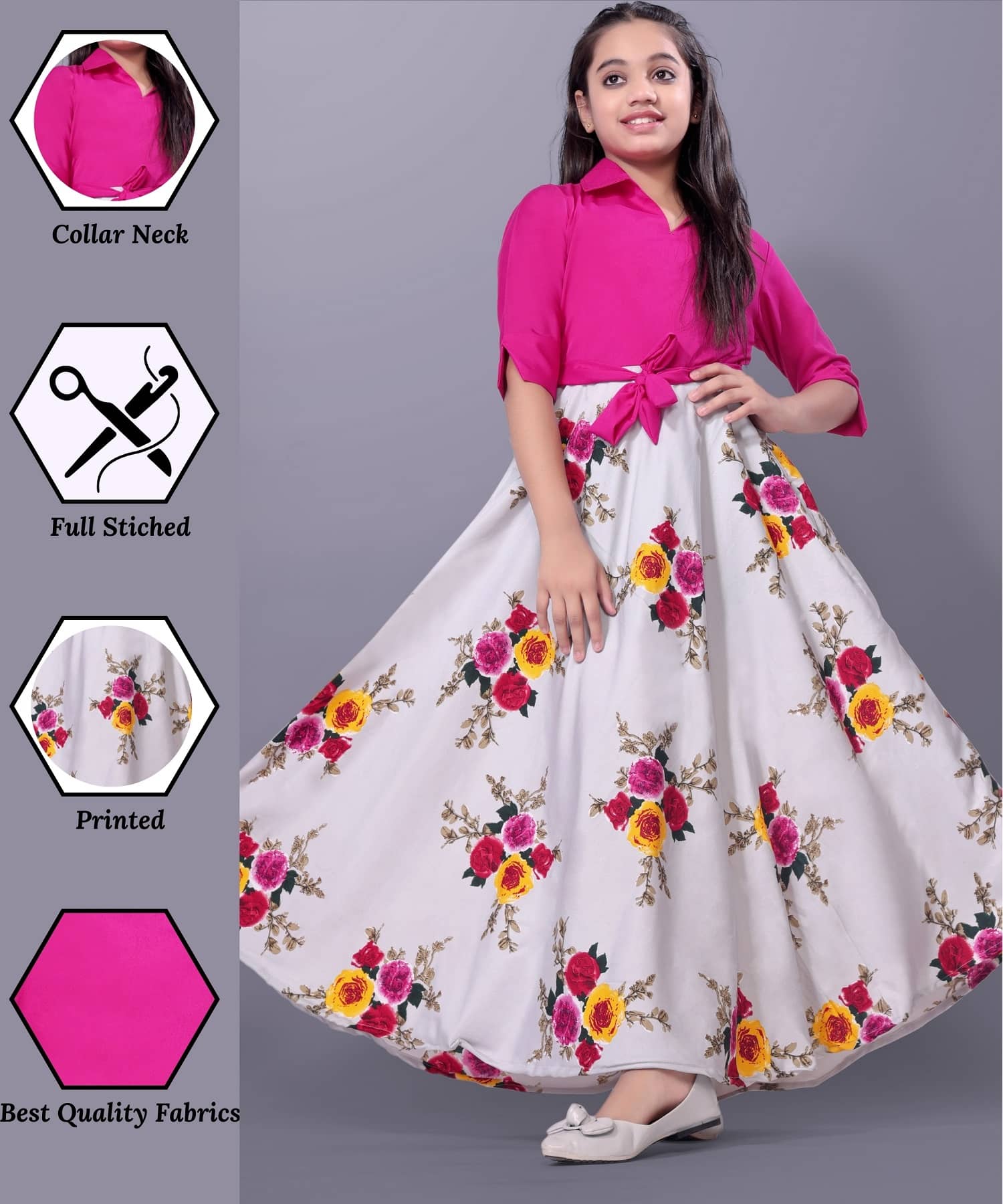 Aarya Designer Crepe Gown For Girls ( Pack of 1 , Pink )