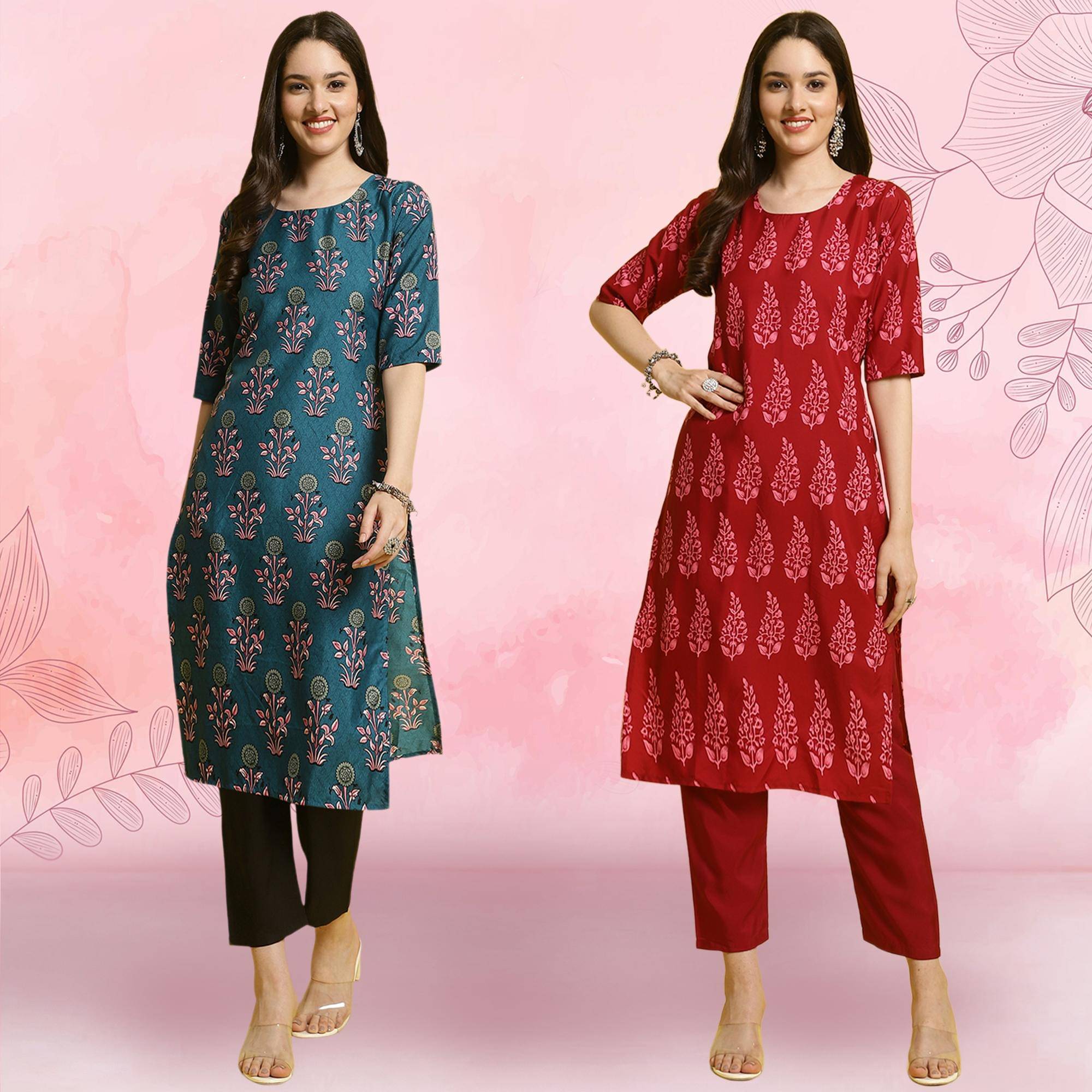     			Ethnicbasket Crepe Printed Kurti With Pants Women's Stitched Salwar Suit - Red ( Pack of 2 )