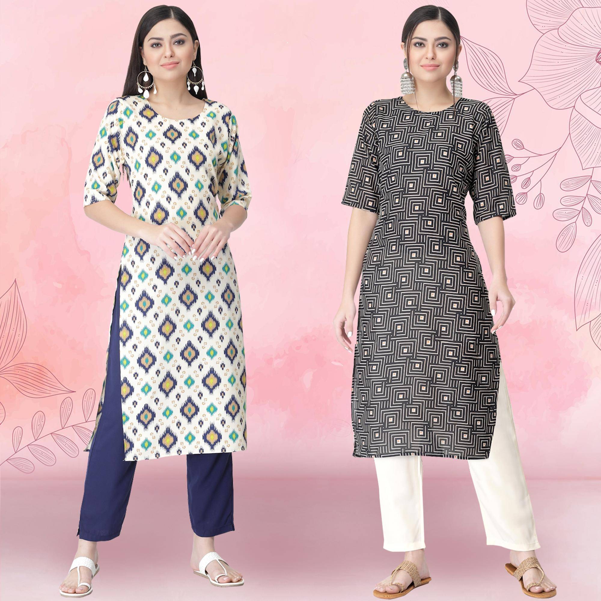     			Ethnicbasket Crepe Printed Kurti With Pants Women's Stitched Salwar Suit - Black ( Pack of 2 )