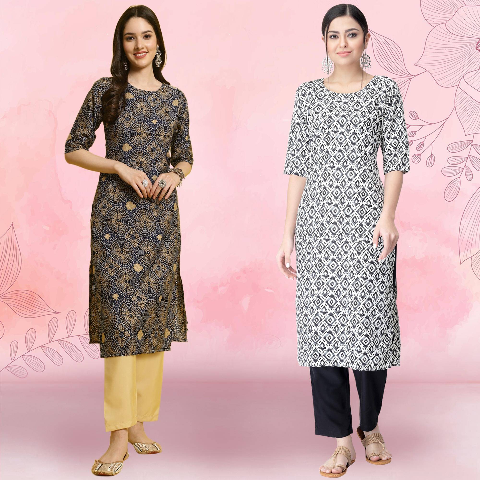     			Ethnicbasket Crepe Printed Kurti With Pants Women's Stitched Salwar Suit - Black ( Pack of 2 )