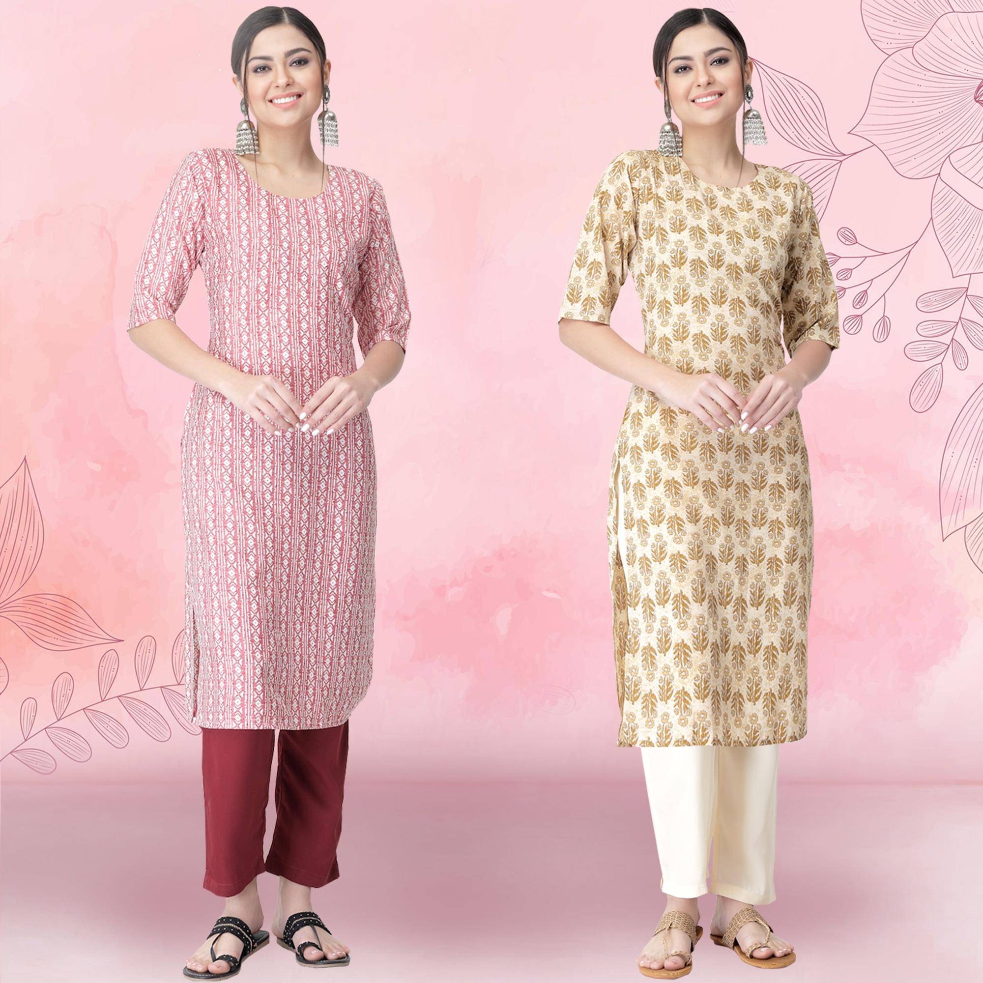 Ethnicbasket Crepe Printed Kurti With Pants Women's Stitched Salwar Suit - Beige ( Pack of 2 ) Ethnicbasket Crepe Printed Kurti With Pants Women's Stitched Salwar Suit - Beige ( Pack of 2 )