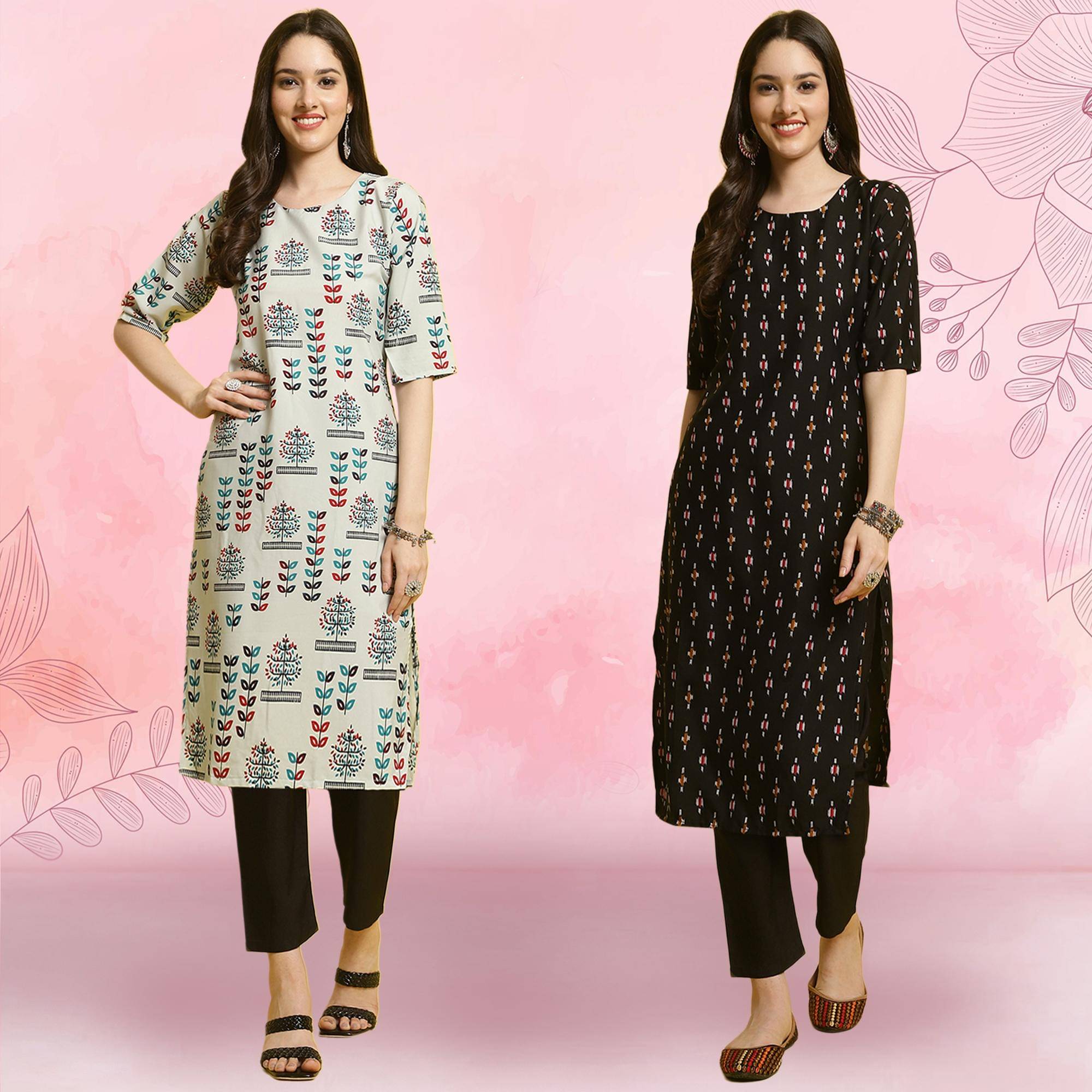 Ethnicbasket Crepe Printed Kurti With Pants Women's Stitched Salwar Suit - Black ( Pack of 2 )     			Ethnicbasket Crepe Printed Kurti With Pants Women's Stitched Salwar Suit - Black ( Pack of 2 )