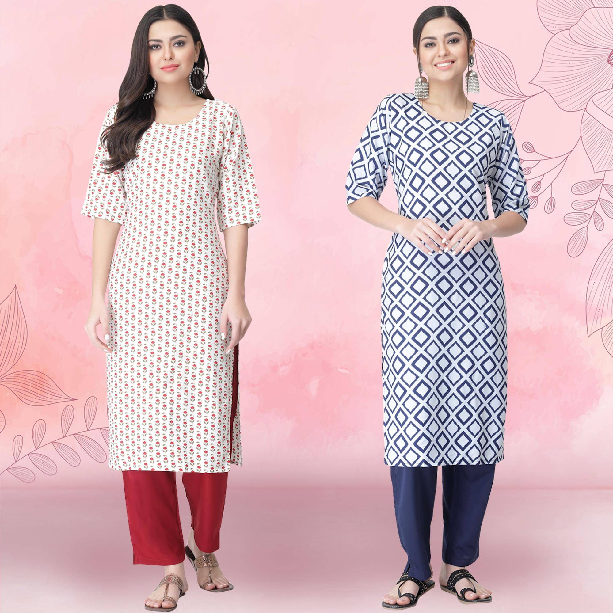     			Ethnicbasket Crepe Printed Kurti With Pants Women's Stitched Salwar Suit - Off White ( Pack of 2 )