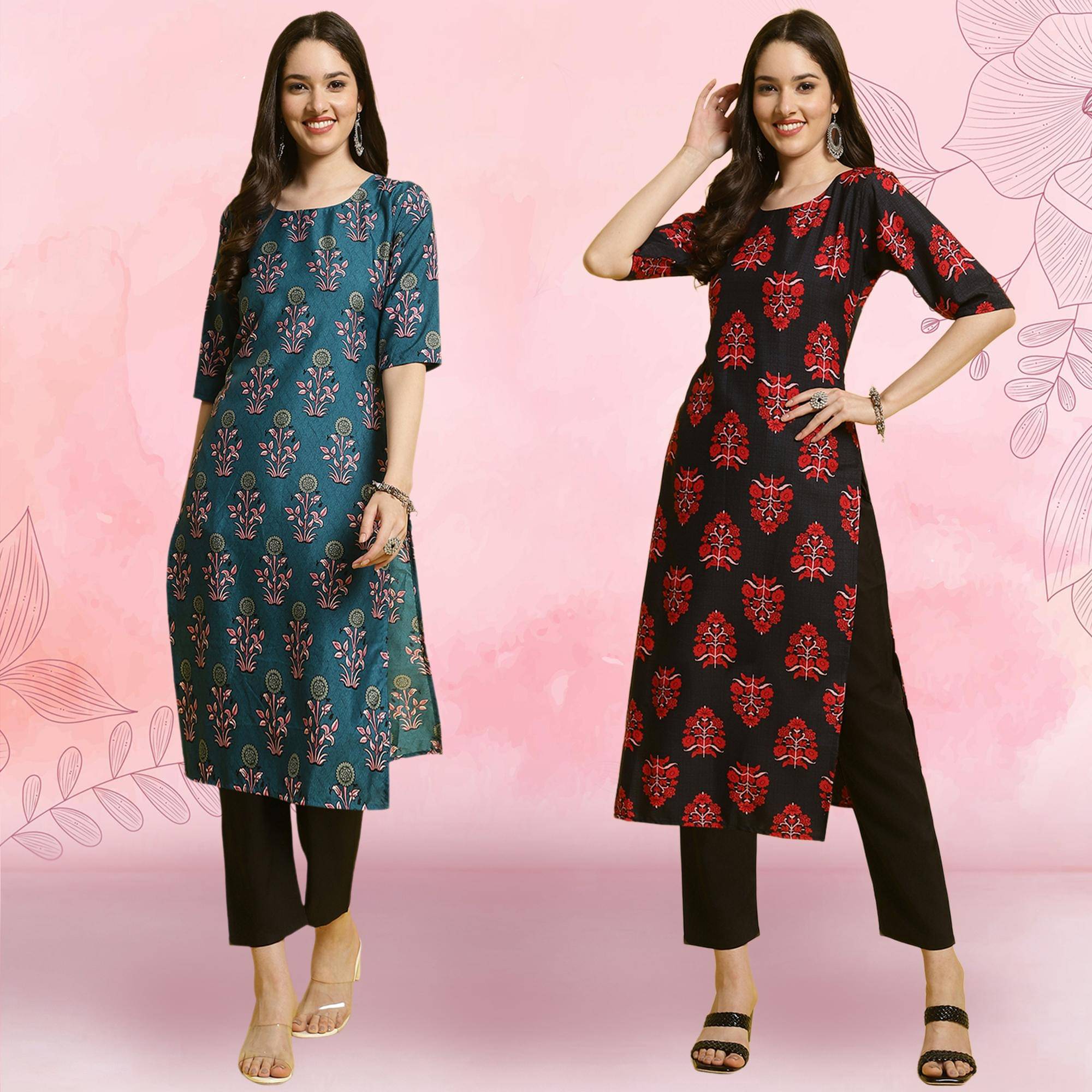 Ethnicbasket Crepe Printed Kurti With Pants Women's Stitched Salwar Suit - Black ( Pack of 2 )     			Ethnicbasket Crepe Printed Kurti With Pants Women's Stitched Salwar Suit - Black ( Pack of 2 )