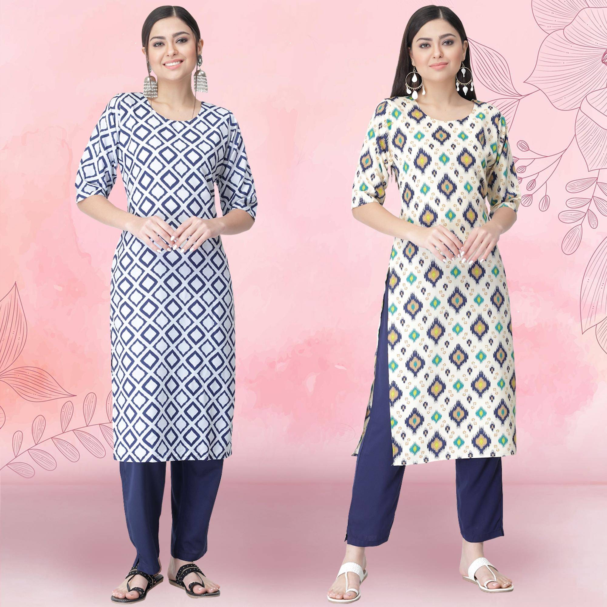     			Ethnicbasket Crepe Printed Kurti With Pants Women's Stitched Salwar Suit - White ( Pack of 2 )