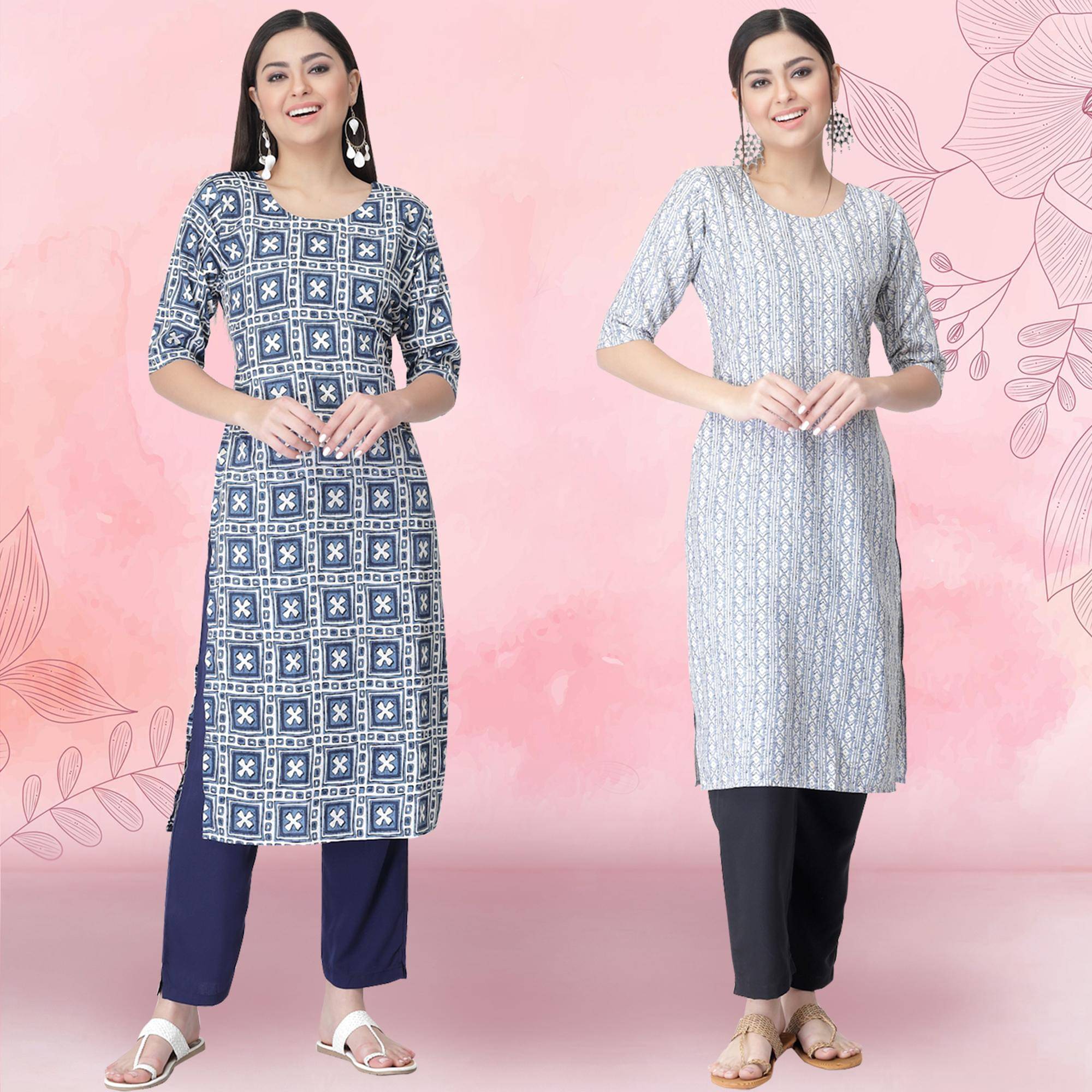     			Ethnicbasket Crepe Printed Kurti With Pants Women's Stitched Salwar Suit - White ( Pack of 2 )