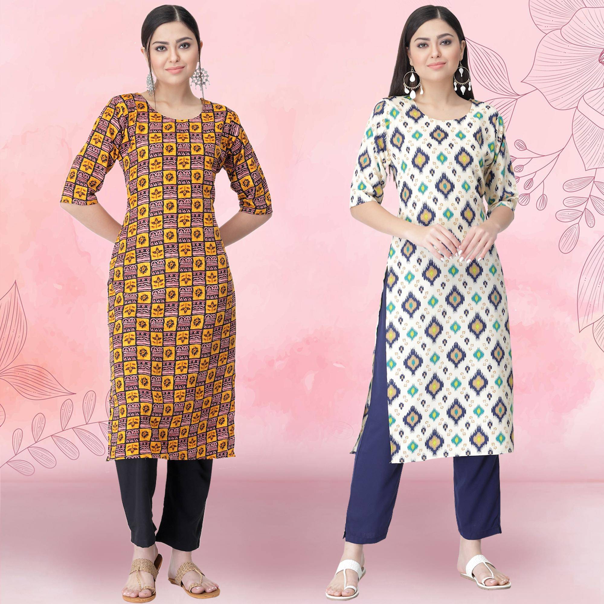 Ethnicbasket Crepe Printed Kurti With Pants Women's Stitched Salwar Suit - White ( Pack of 2 )     			Ethnicbasket Crepe Printed Kurti With Pants Women's Stitched Salwar Suit - White ( Pack of 2 )
