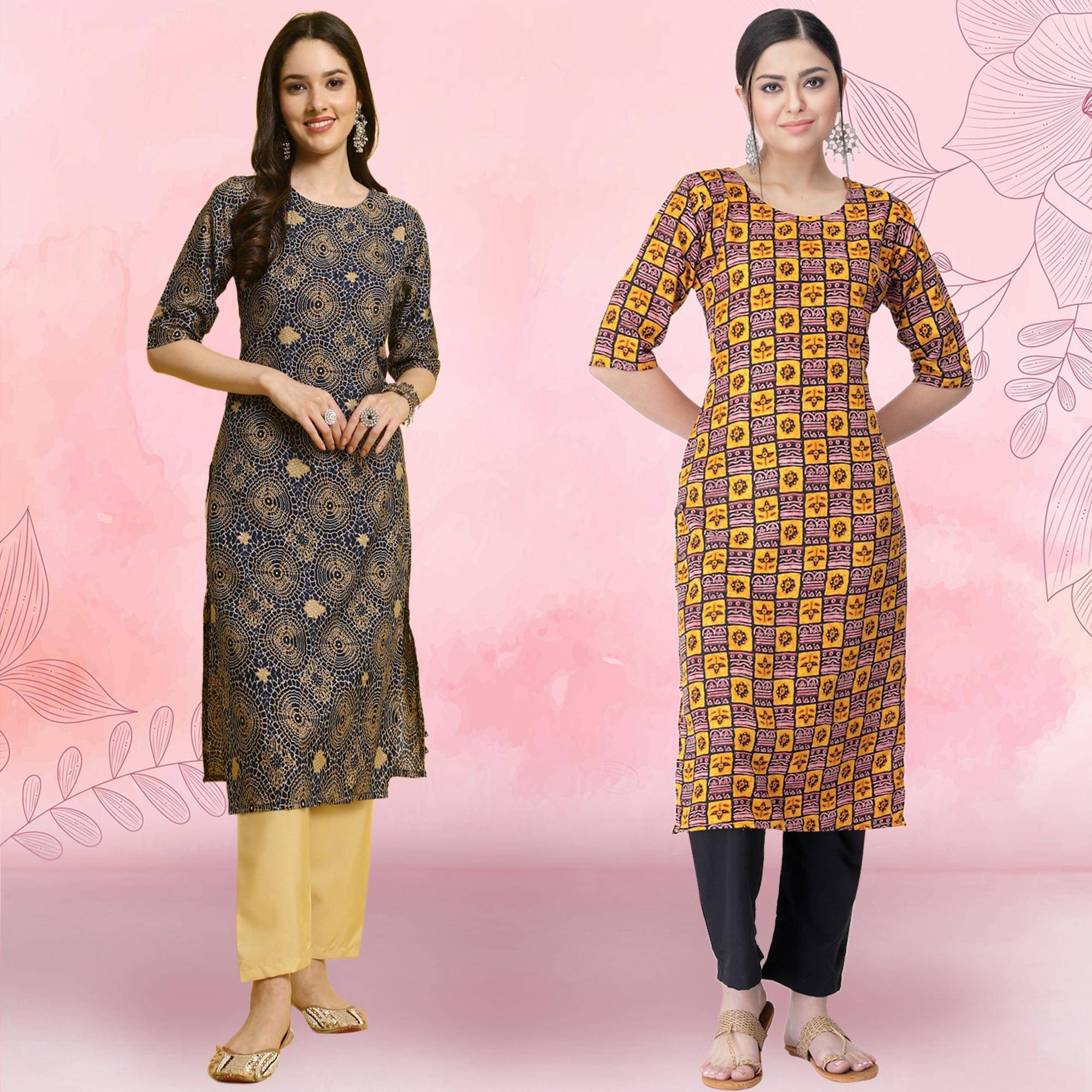 Ethnicbasket Crepe Printed Kurti With Pants Women's Stitched Salwar Suit - Yellow ( Pack of 2 ) Ethnicbasket Crepe Printed Kurti With Pants Women's Stitched Salwar Suit - Yellow ( Pack of 2 )