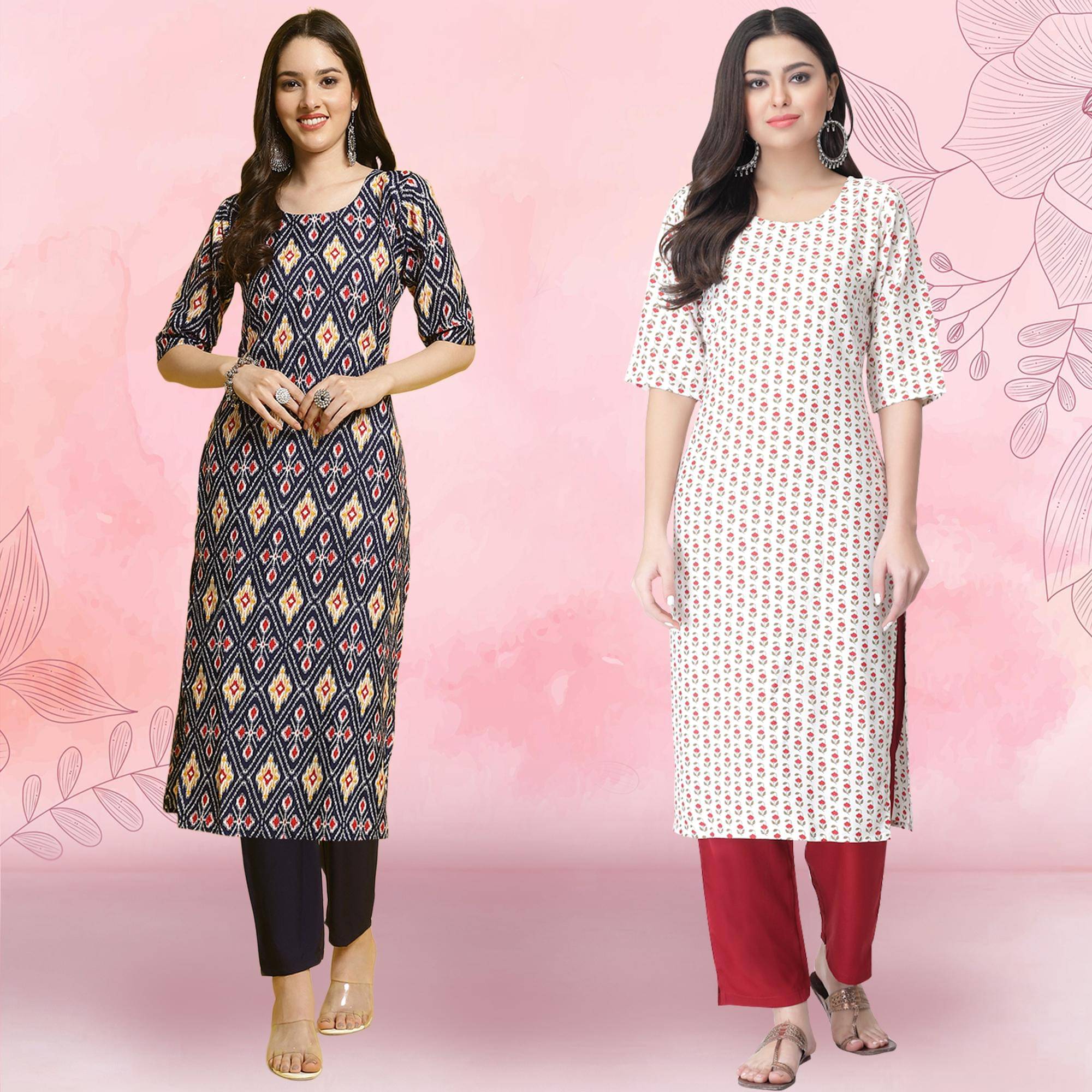 Ethnicbasket Crepe Printed Kurti With Pants Women's Stitched Salwar Suit - Off White ( Pack of 2 ) Ethnicbasket Crepe Printed Kurti With Pants Women's Stitched Salwar Suit - Off White ( Pack of 2 )