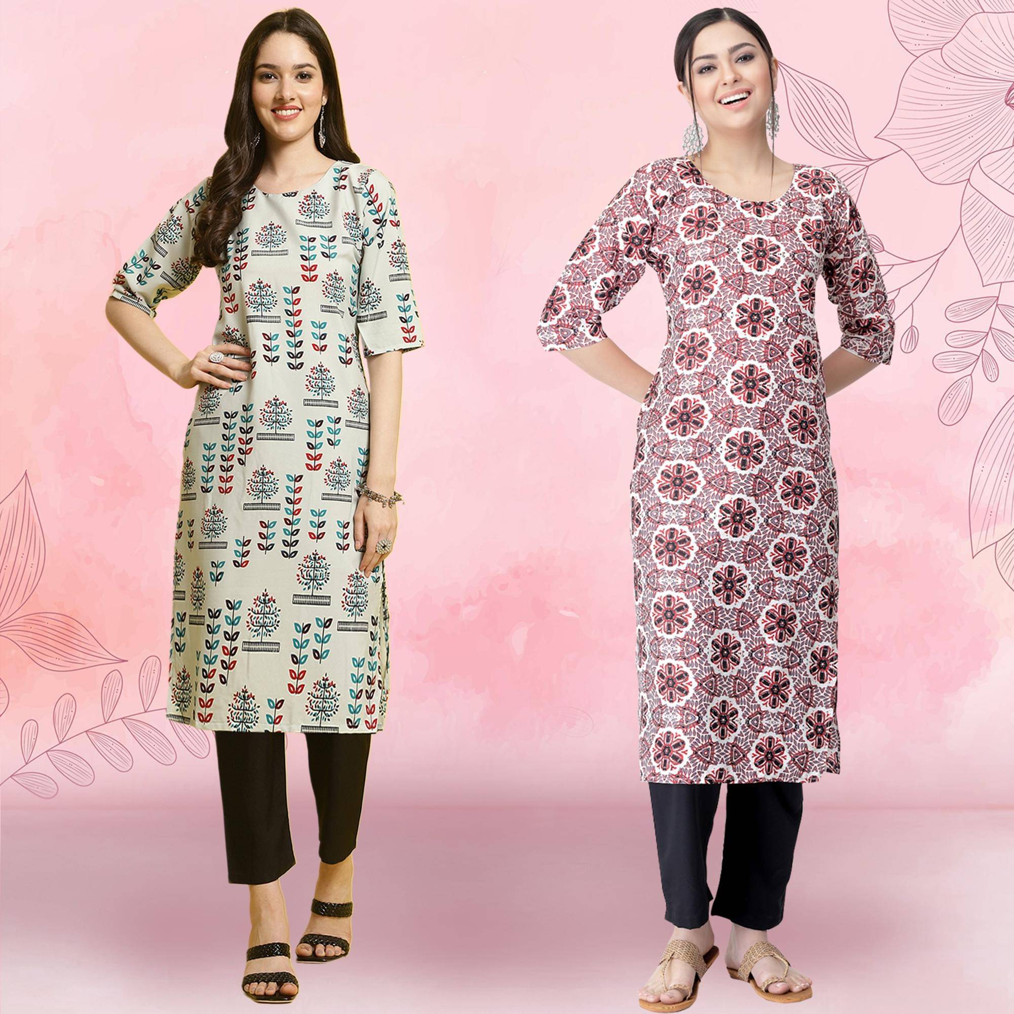     			Ethnicbasket Crepe Printed Kurti With Pants Women's Stitched Salwar Suit - Pink ( Pack of 2 )