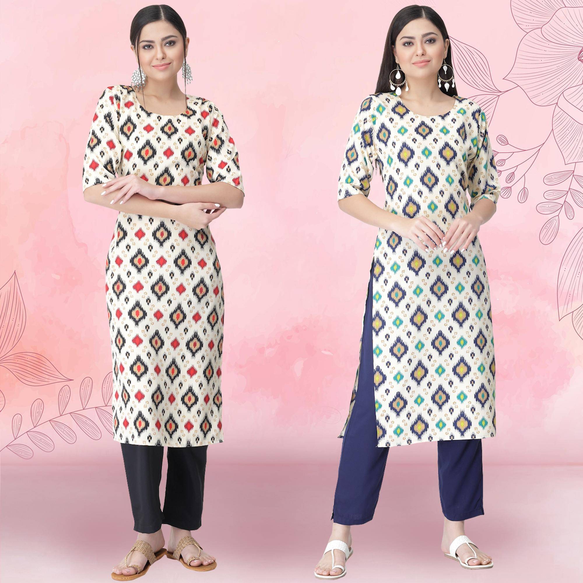 Ethnicbasket Crepe Printed Kurti With Pants Women's Stitched Salwar Suit - Off White ( Pack of 2 )     			Ethnicbasket Crepe Printed Kurti With Pants Women's Stitched Salwar Suit - Off White ( Pack of 2 )