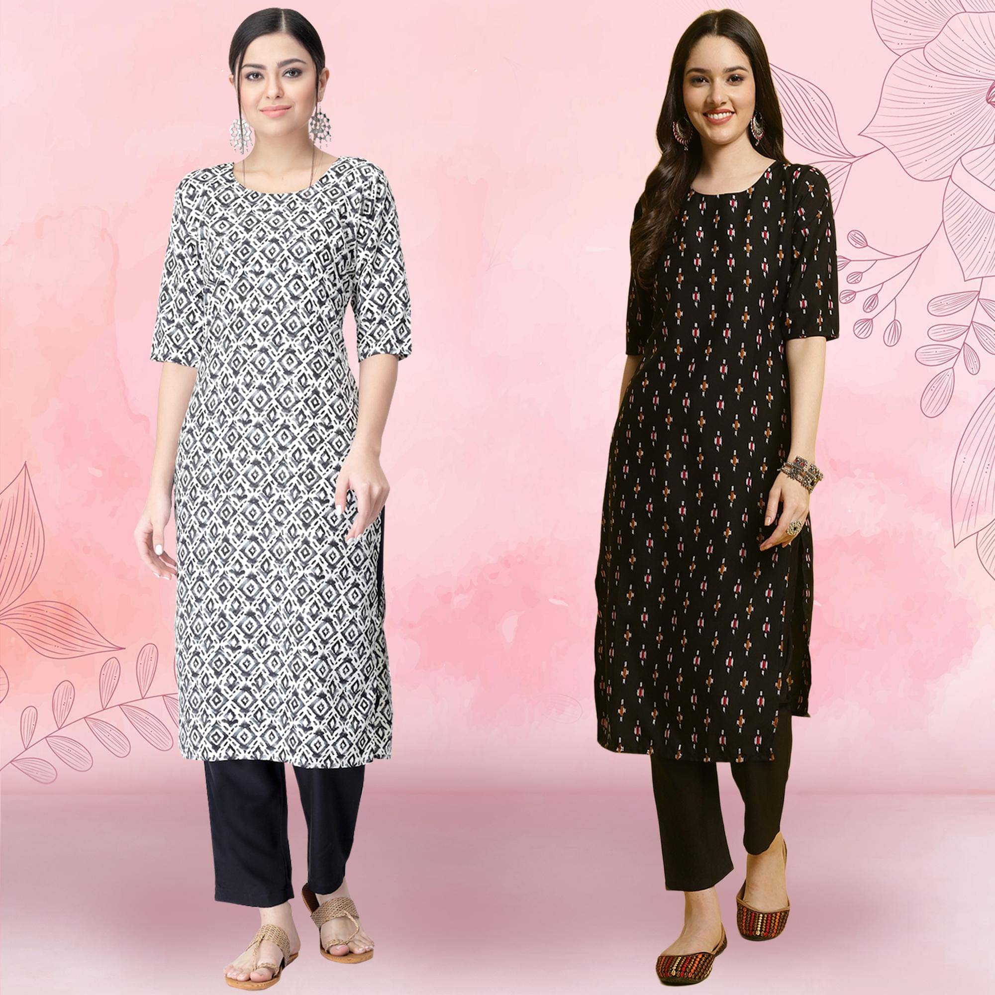 Ethnicbasket Crepe Printed Kurti With Pants Women's Stitched Salwar Suit - Black ( Pack of 2 )     			Ethnicbasket Crepe Printed Kurti With Pants Women's Stitched Salwar Suit - Black ( Pack of 2 )