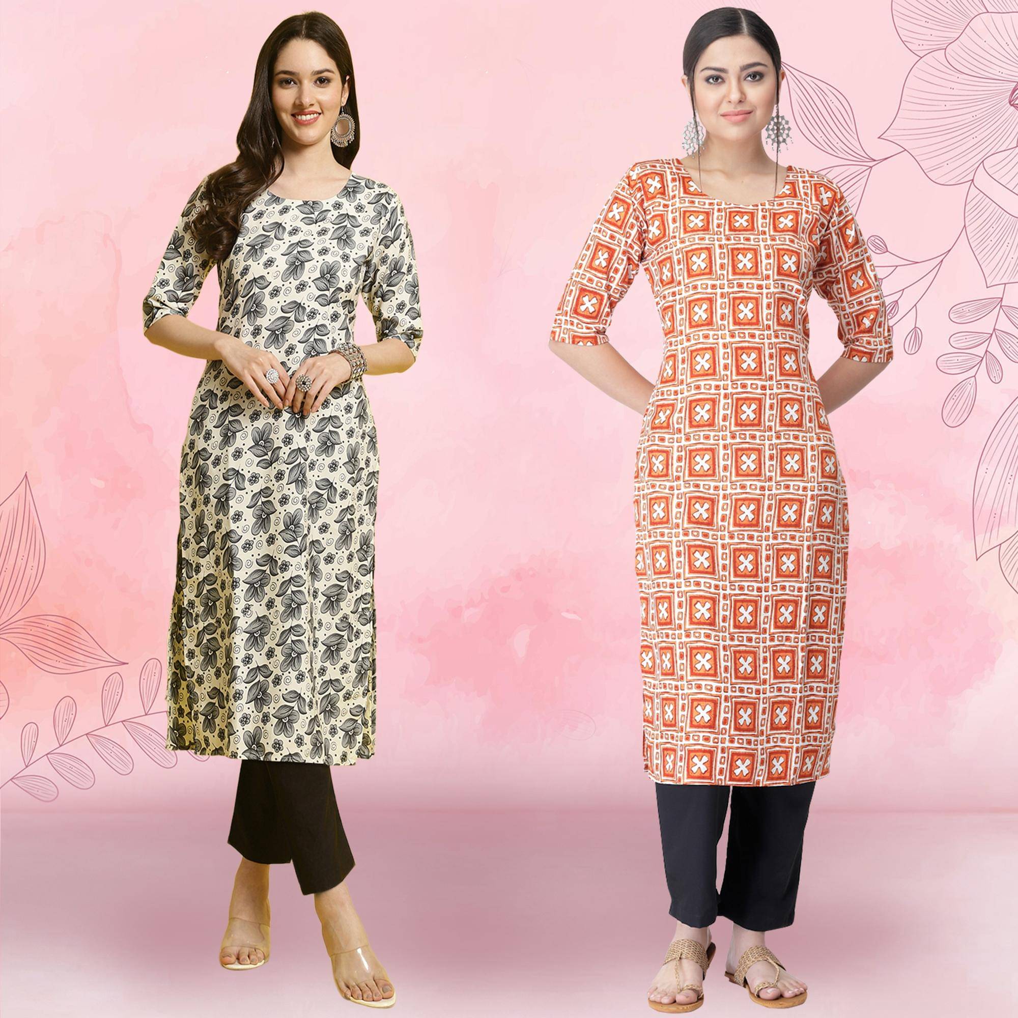     			Ethnicbasket Crepe Printed Kurti With Pants Women's Stitched Salwar Suit - Orange ( Pack of 2 )